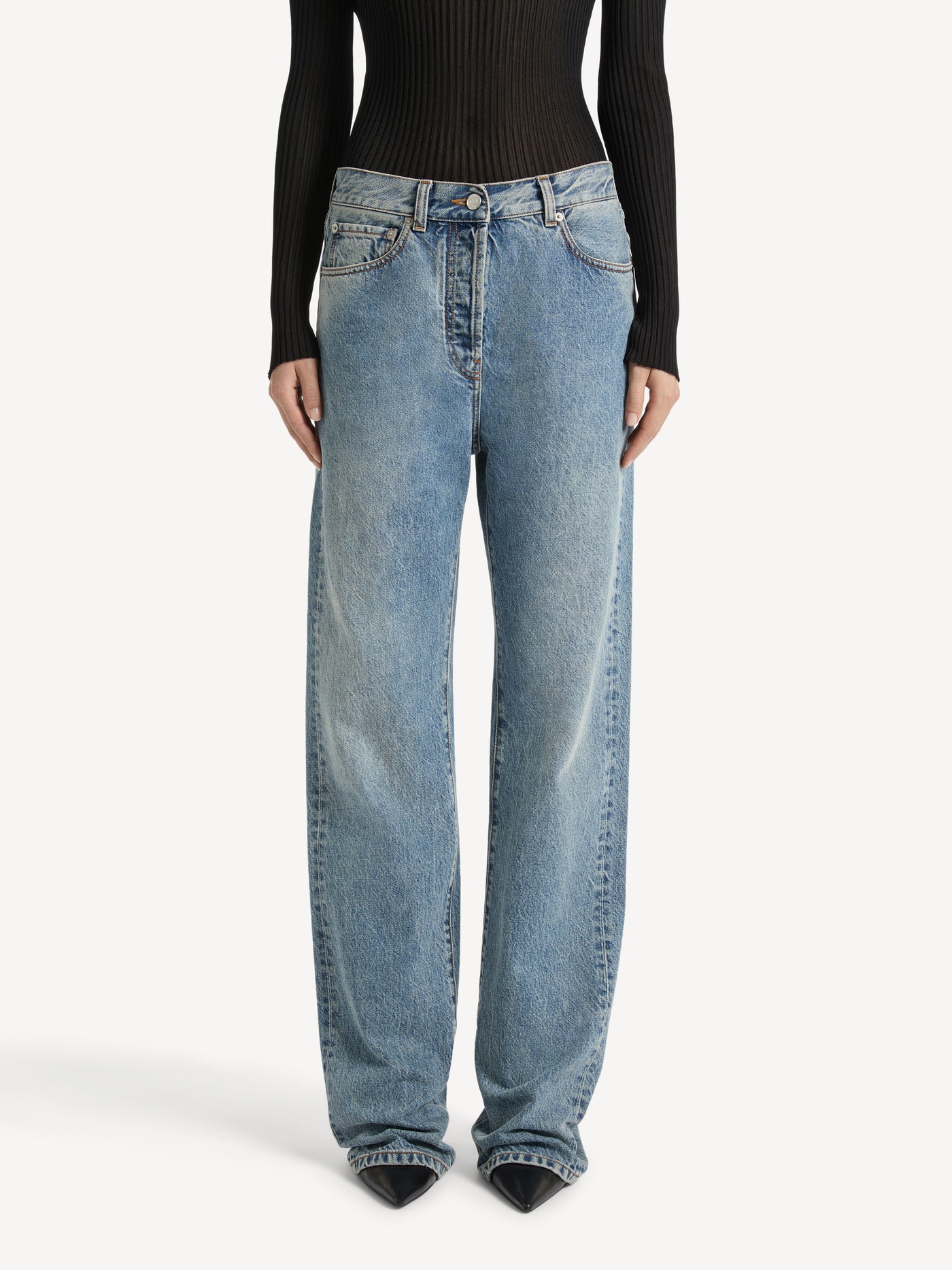 Straight-leg faded denim jeans