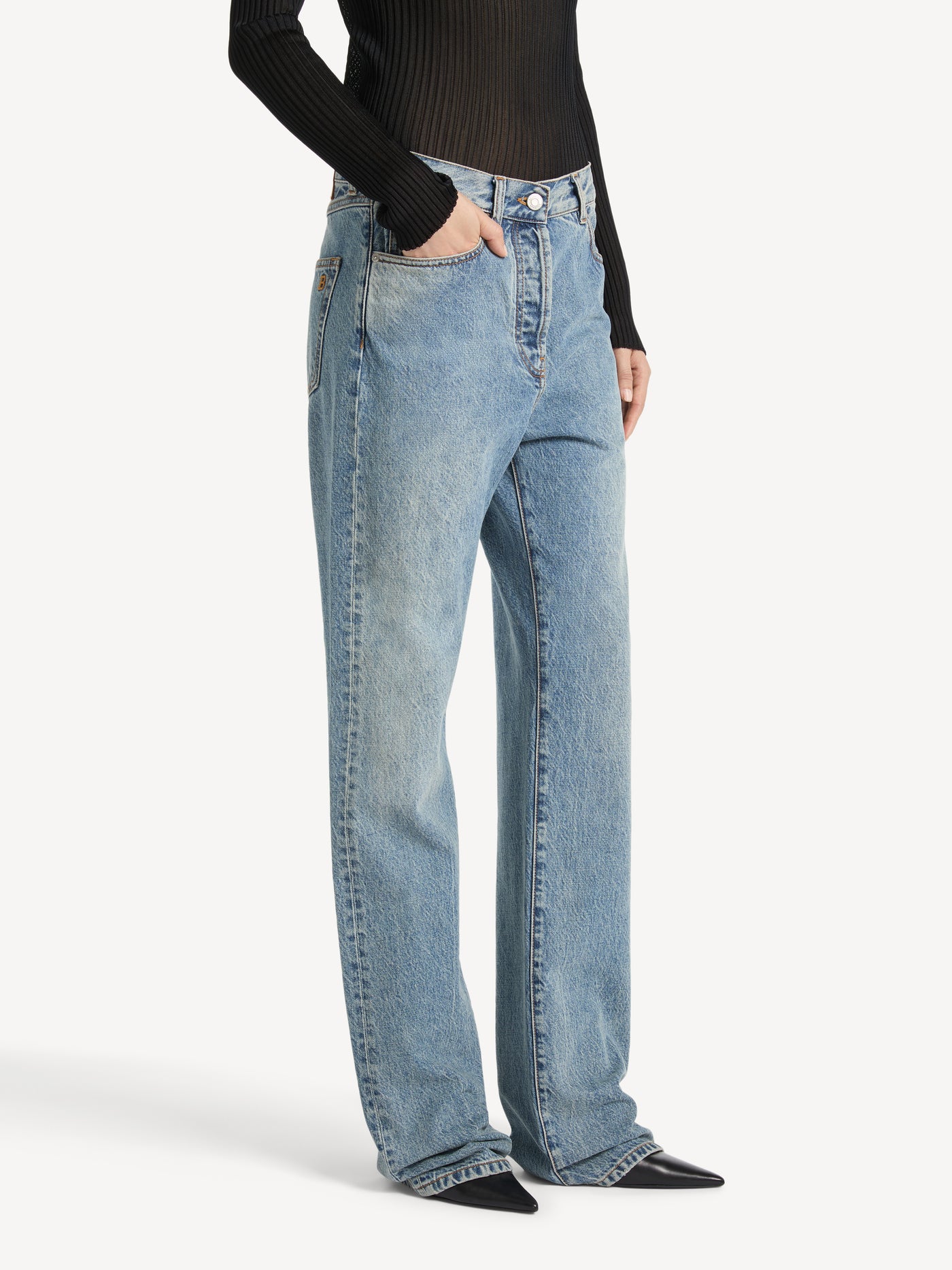 Straight-leg faded denim jeans