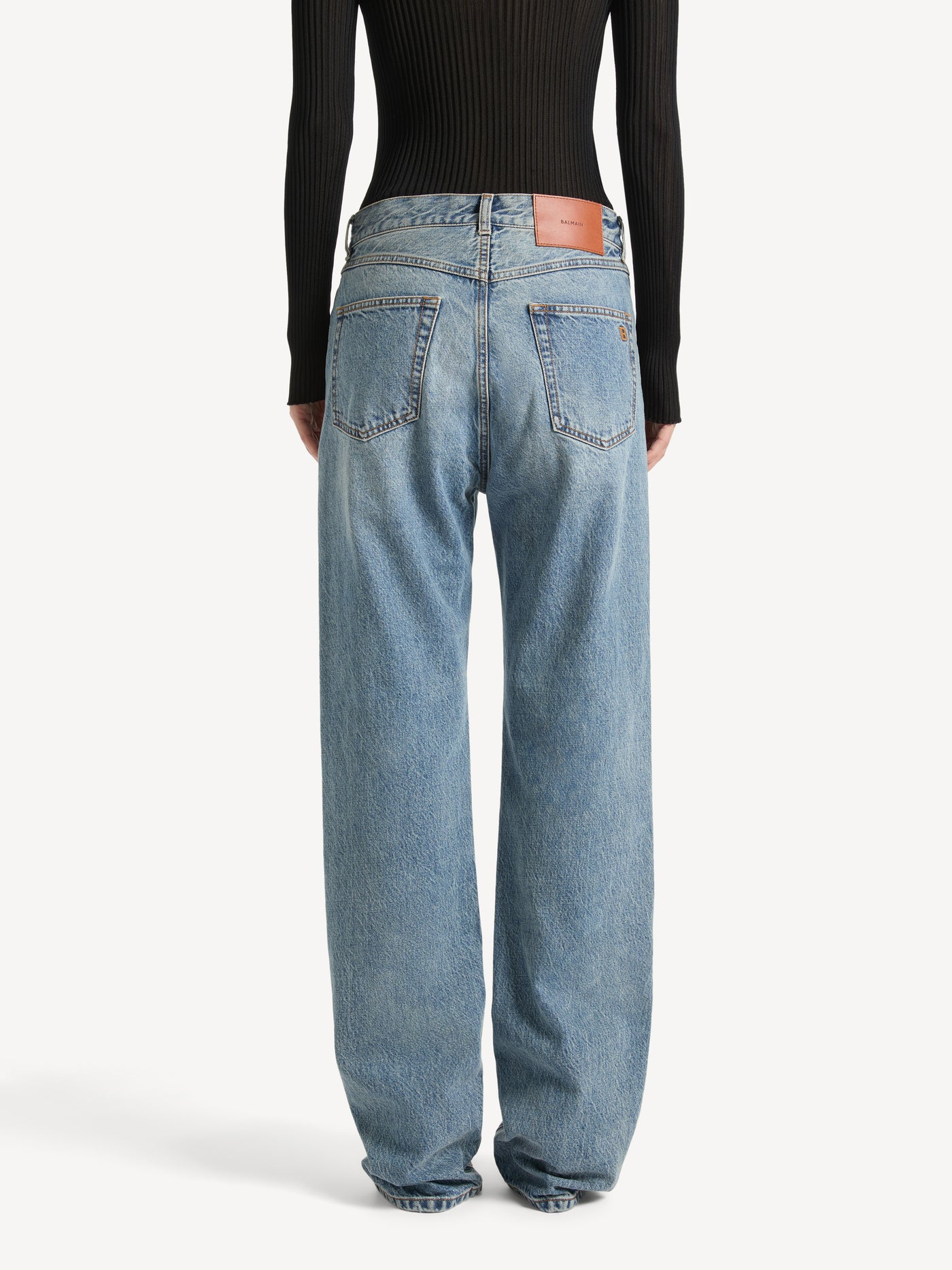Straight-leg faded denim jeans