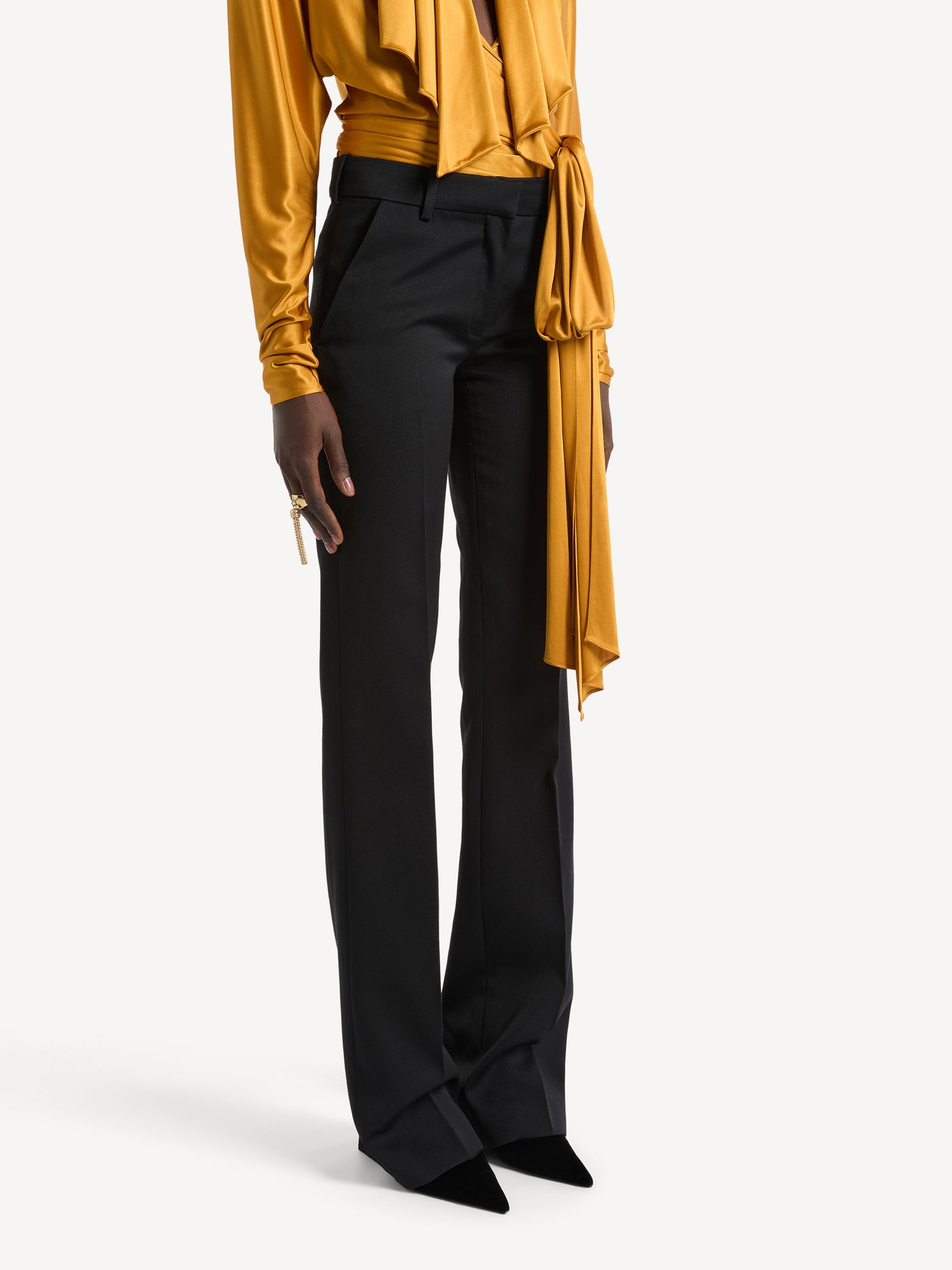 Low-waisted wool satin trousers