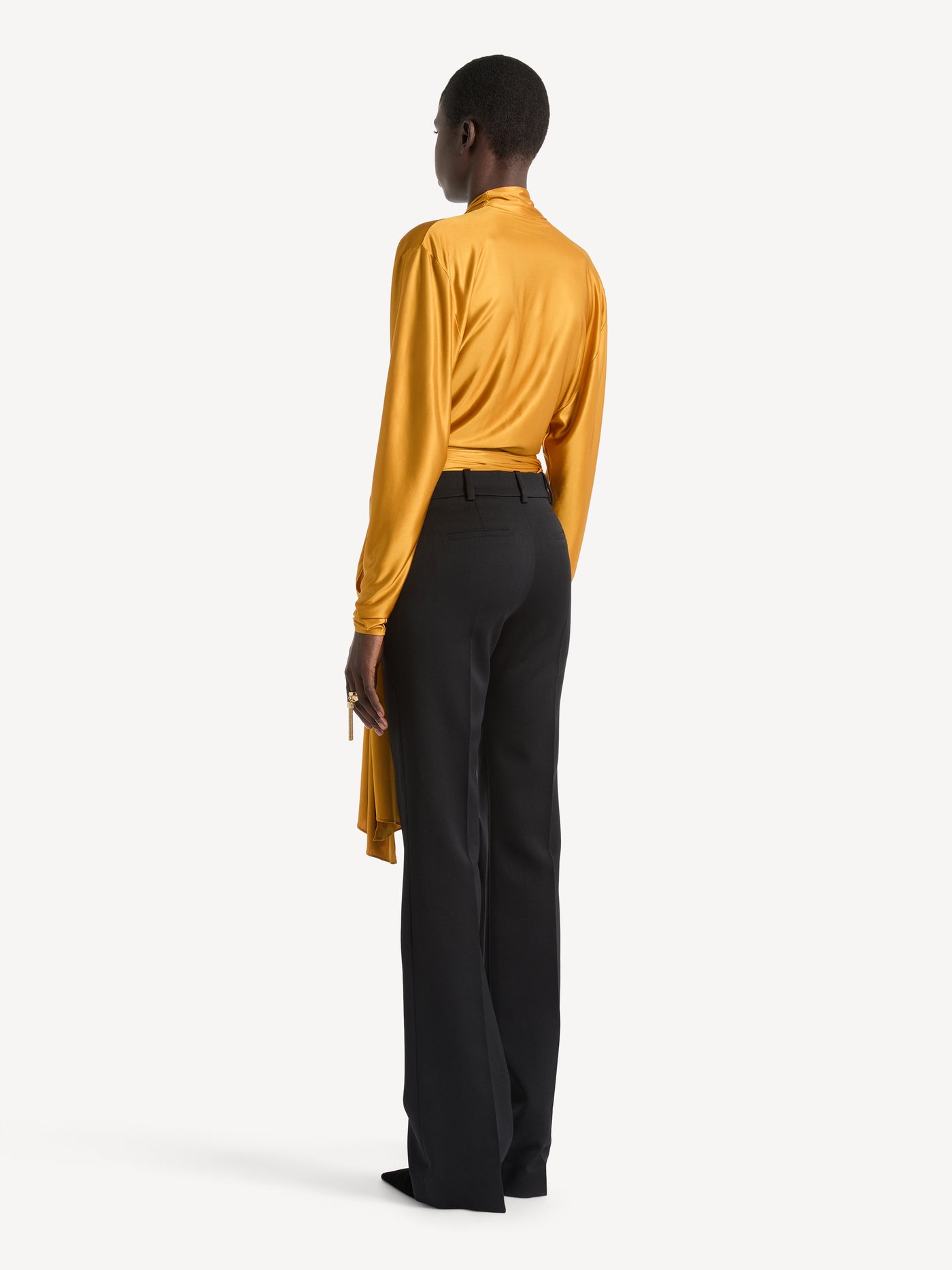 Low-waisted wool satin trousers