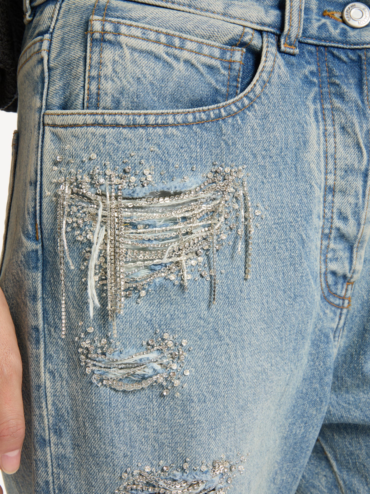 Straight-leg embroidered denim jeans
