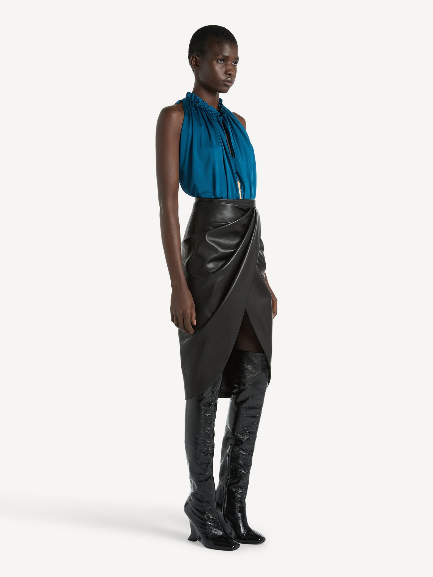 Draped lambskin midi skirt