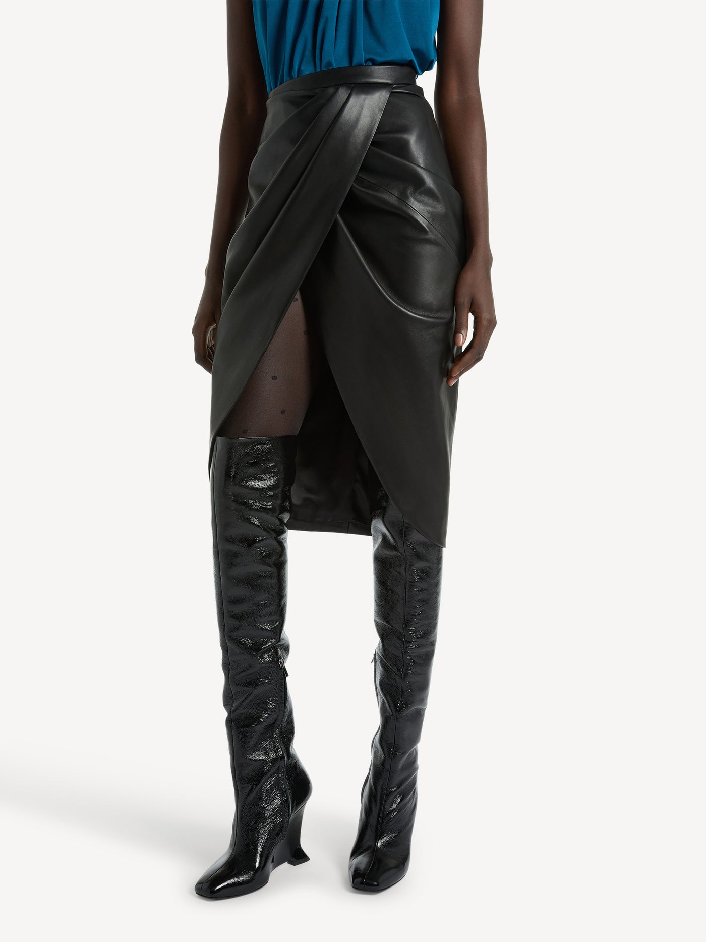 Draped lambskin midi skirt