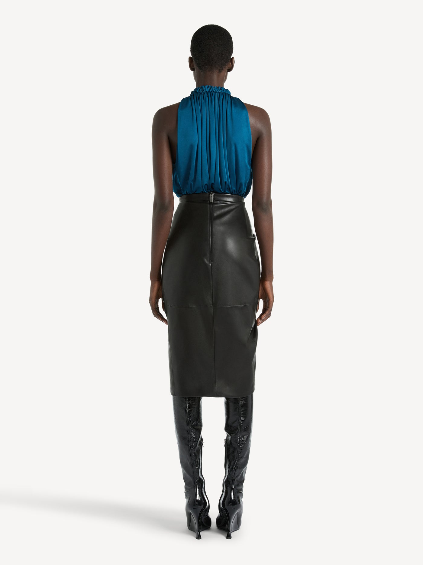 Draped lambskin midi skirt