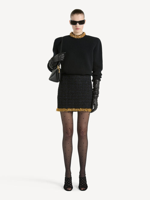 Short tweed skirt with embroidered trim