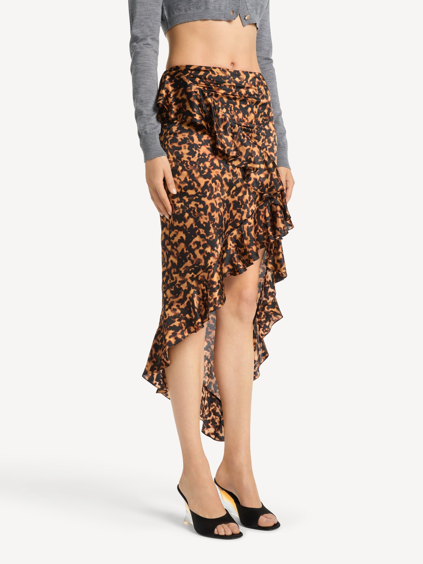 Ruffled skirt in printed silk satin
