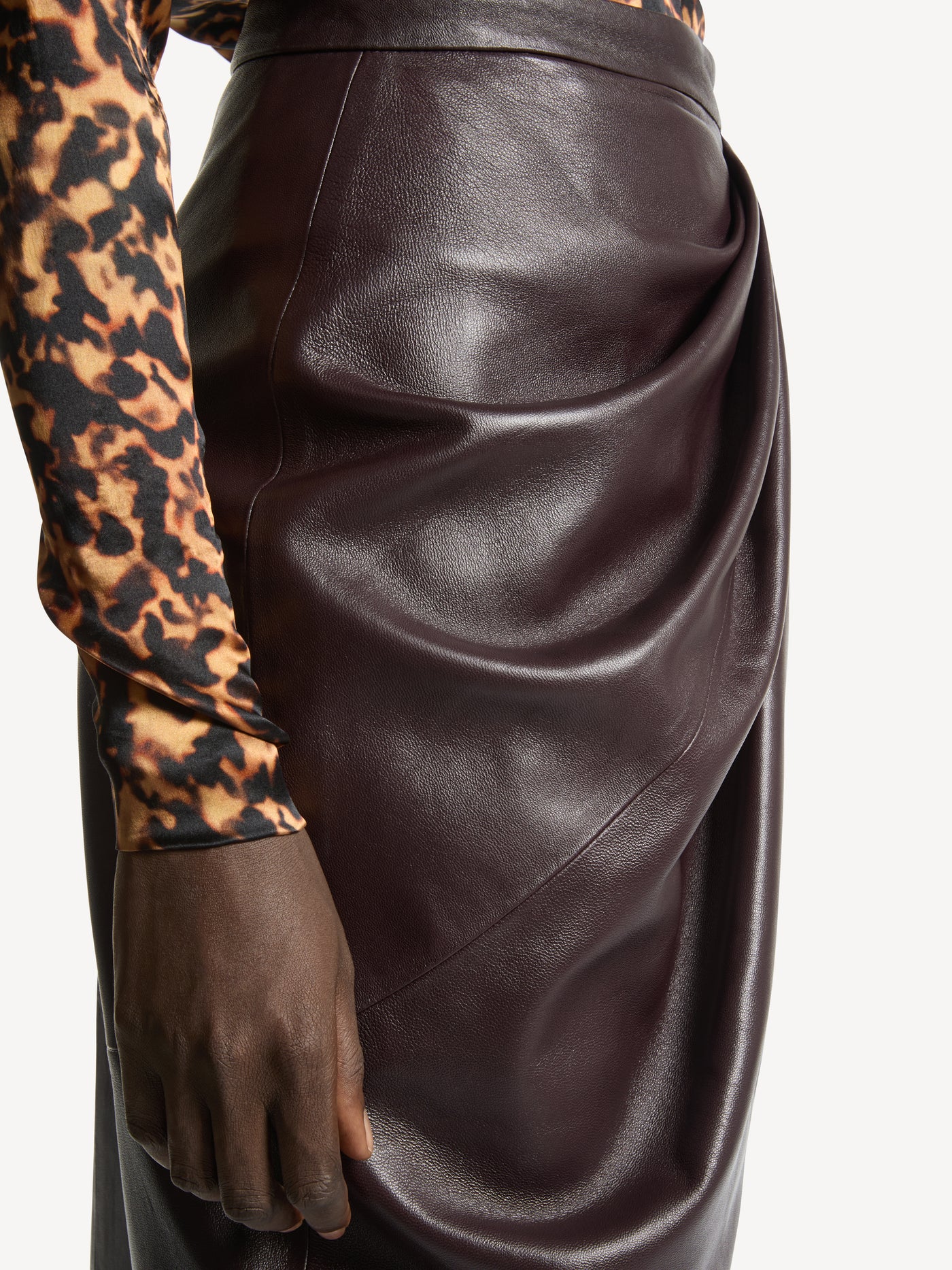 Draped midi skirt in smooth lambskin