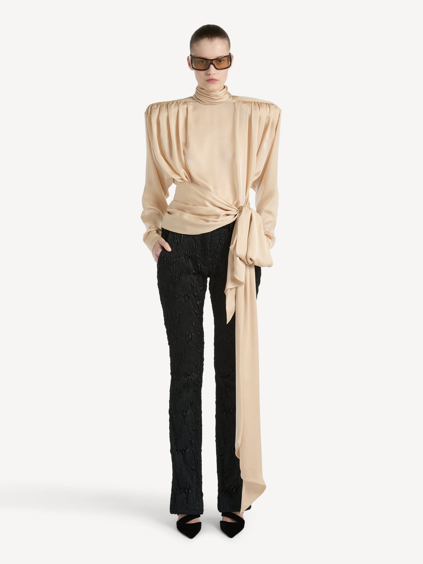 Silk chiffon blouse with padded shoulders and tie