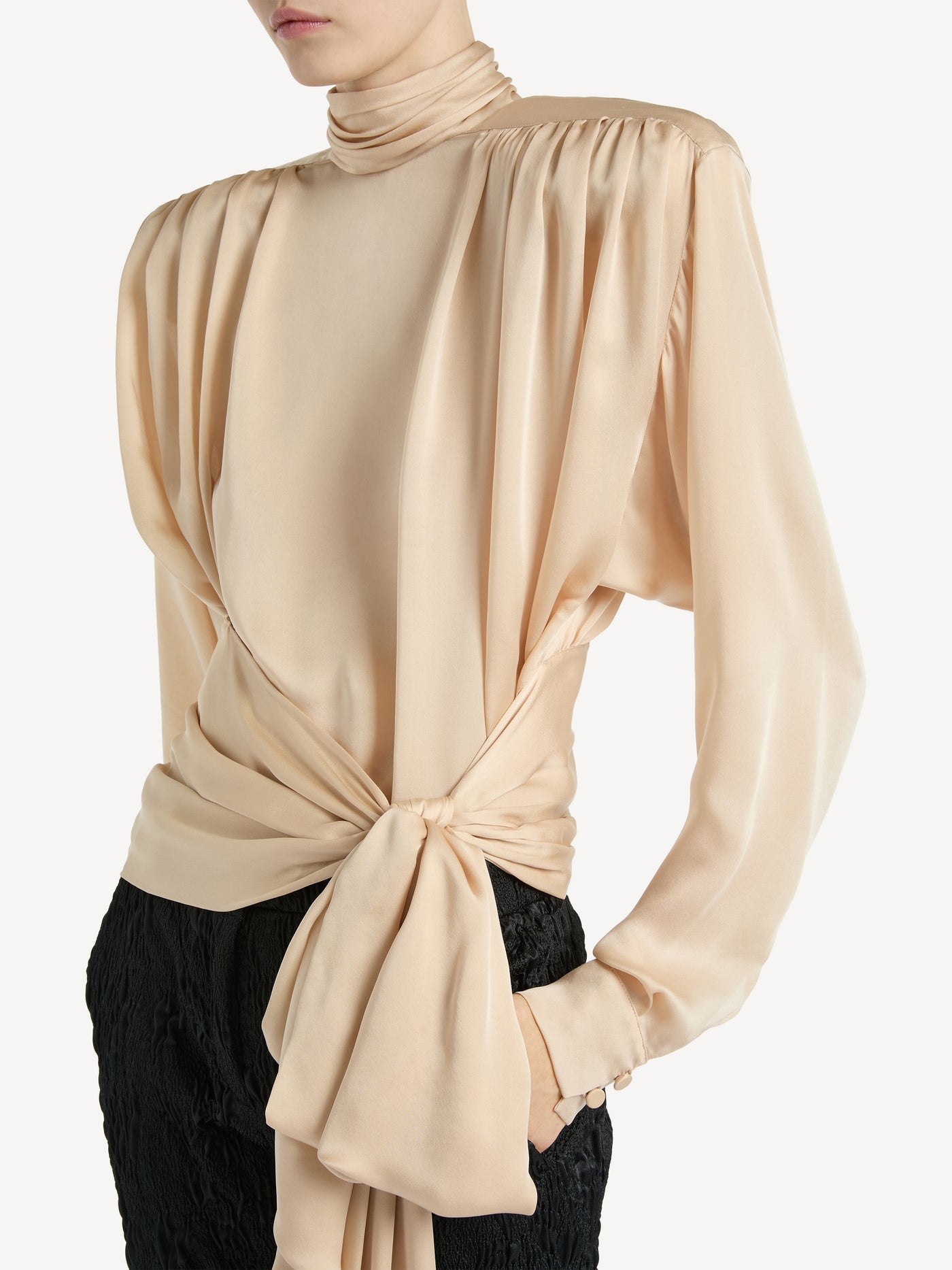 Silk chiffon blouse with padded shoulders and tie