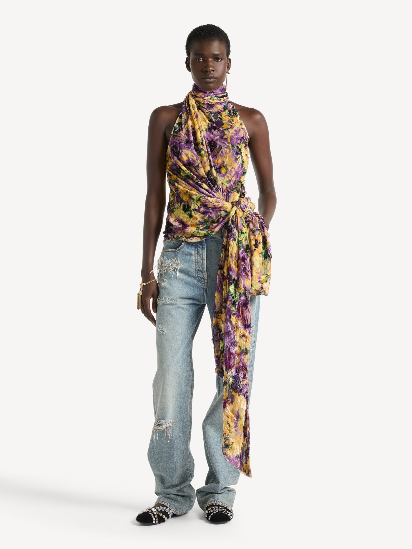 Draped velvet jacquard blouse