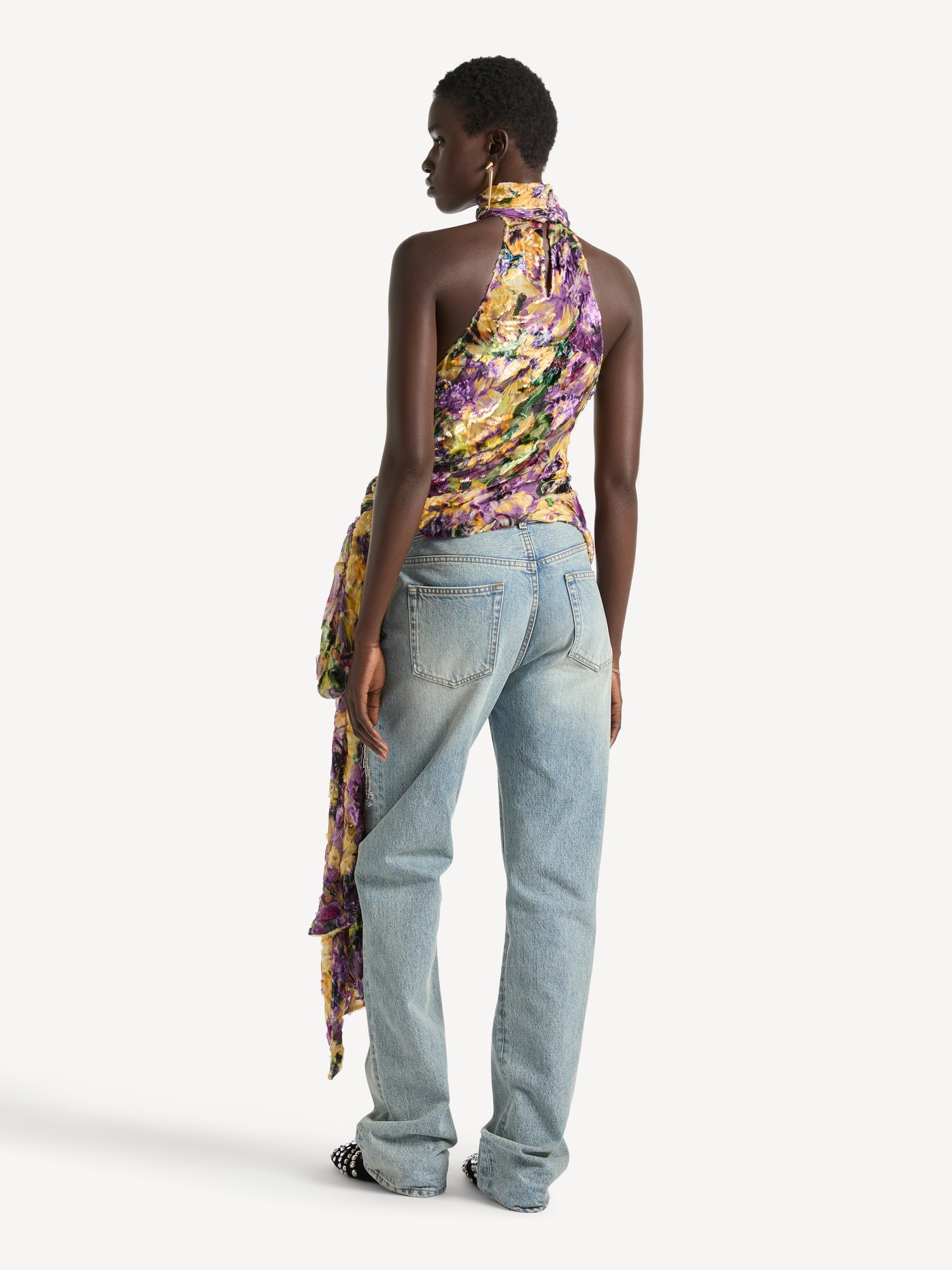 Draped velvet jacquard blouse