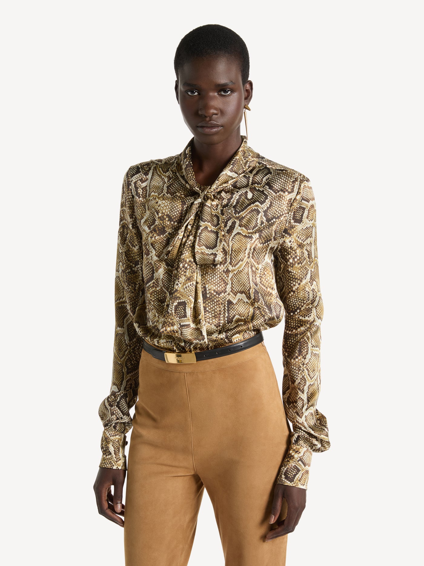 Printed satin blouse with tie detail