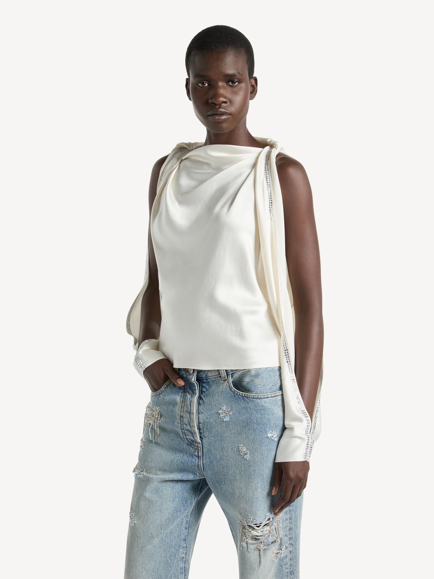 Draped cady crepe blouse with crystals