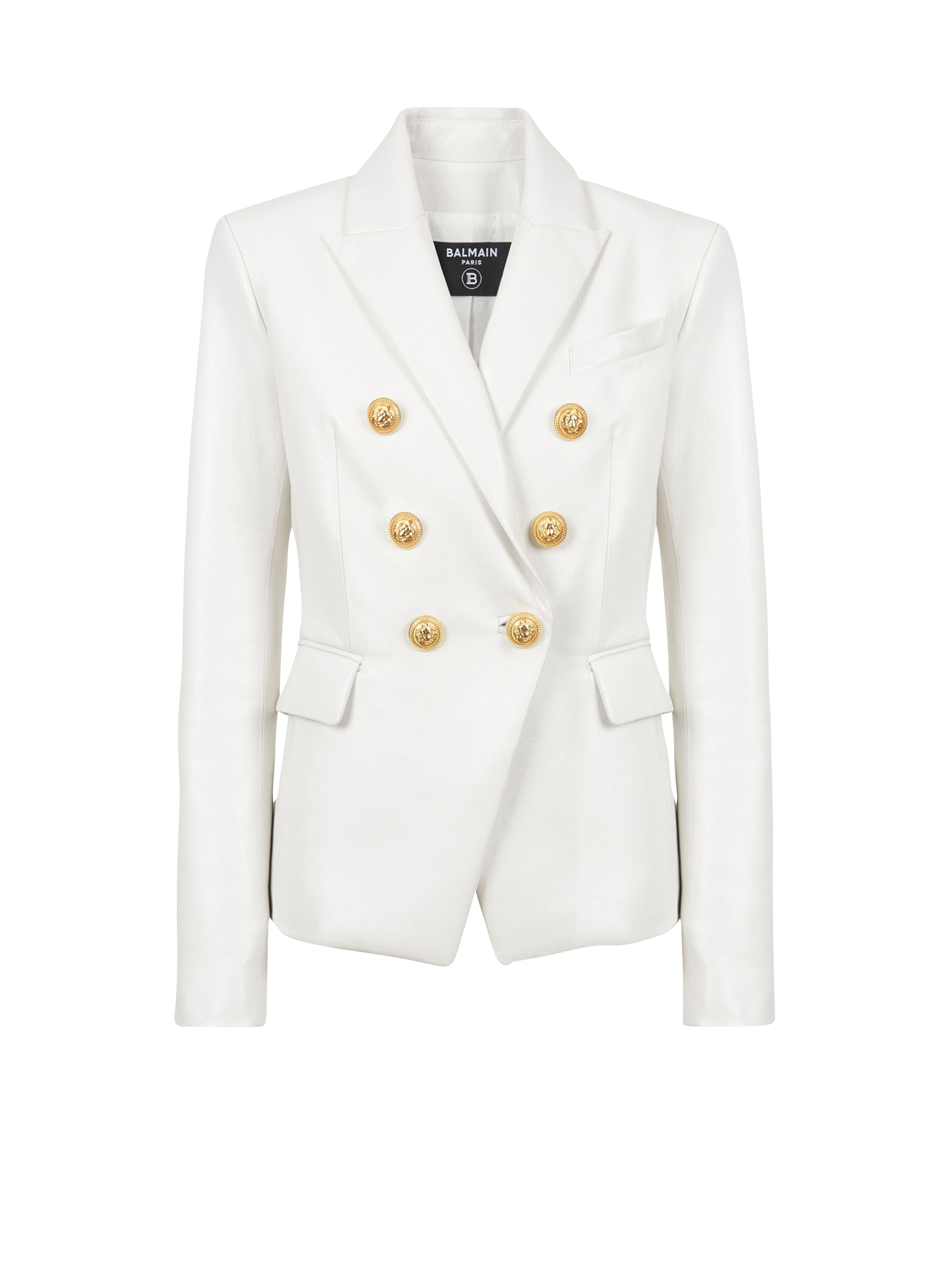 Double-breasted leather blazer, white, hi-res