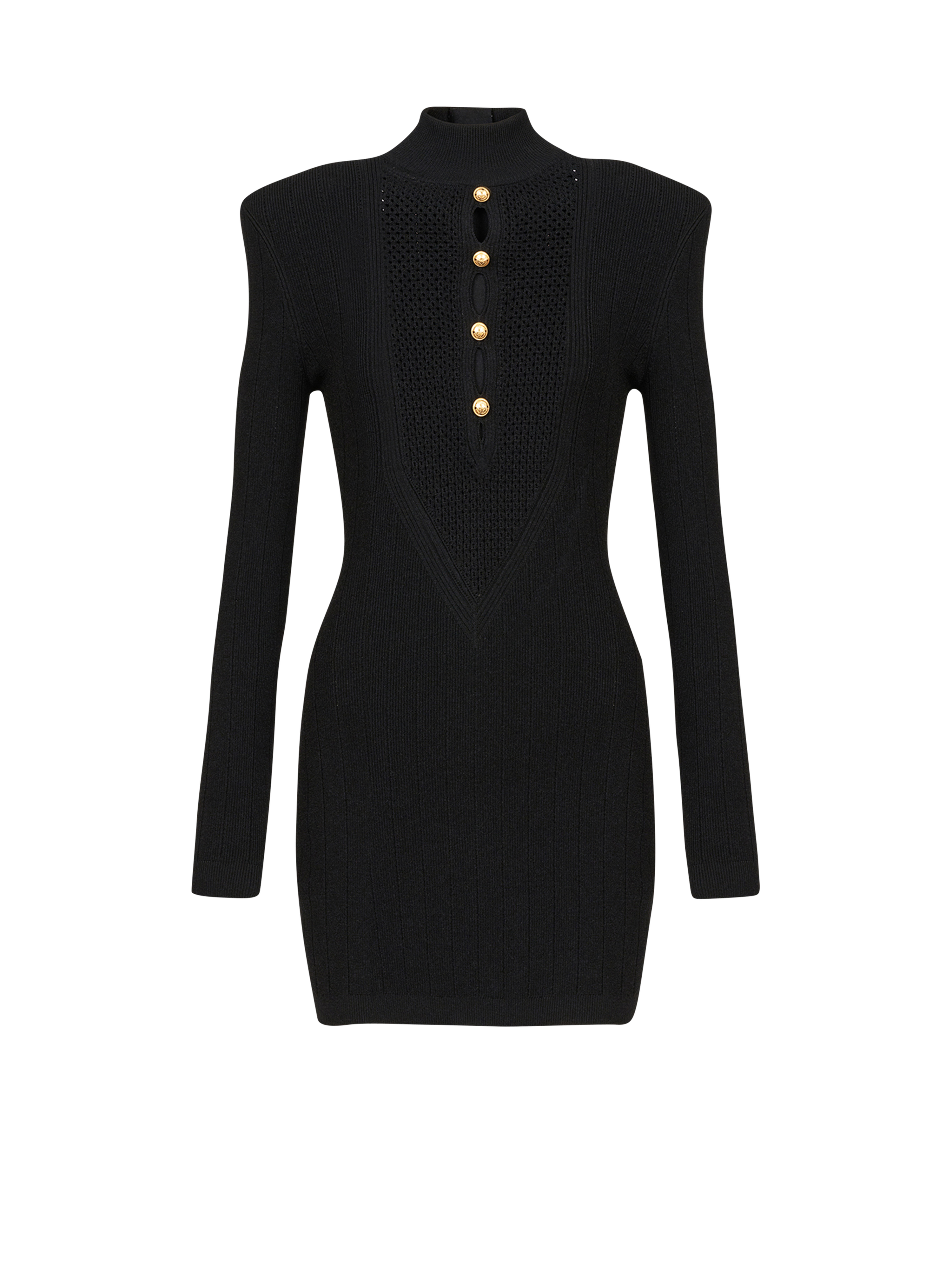 Short knit bib-front eco-designed dress, black, hi-res
