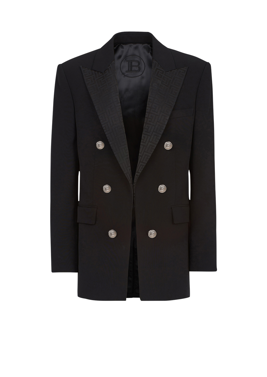 Crepe blazer with double-breasted silver-tone buttoned fastening and Balmain monogram collar, black, hi-res