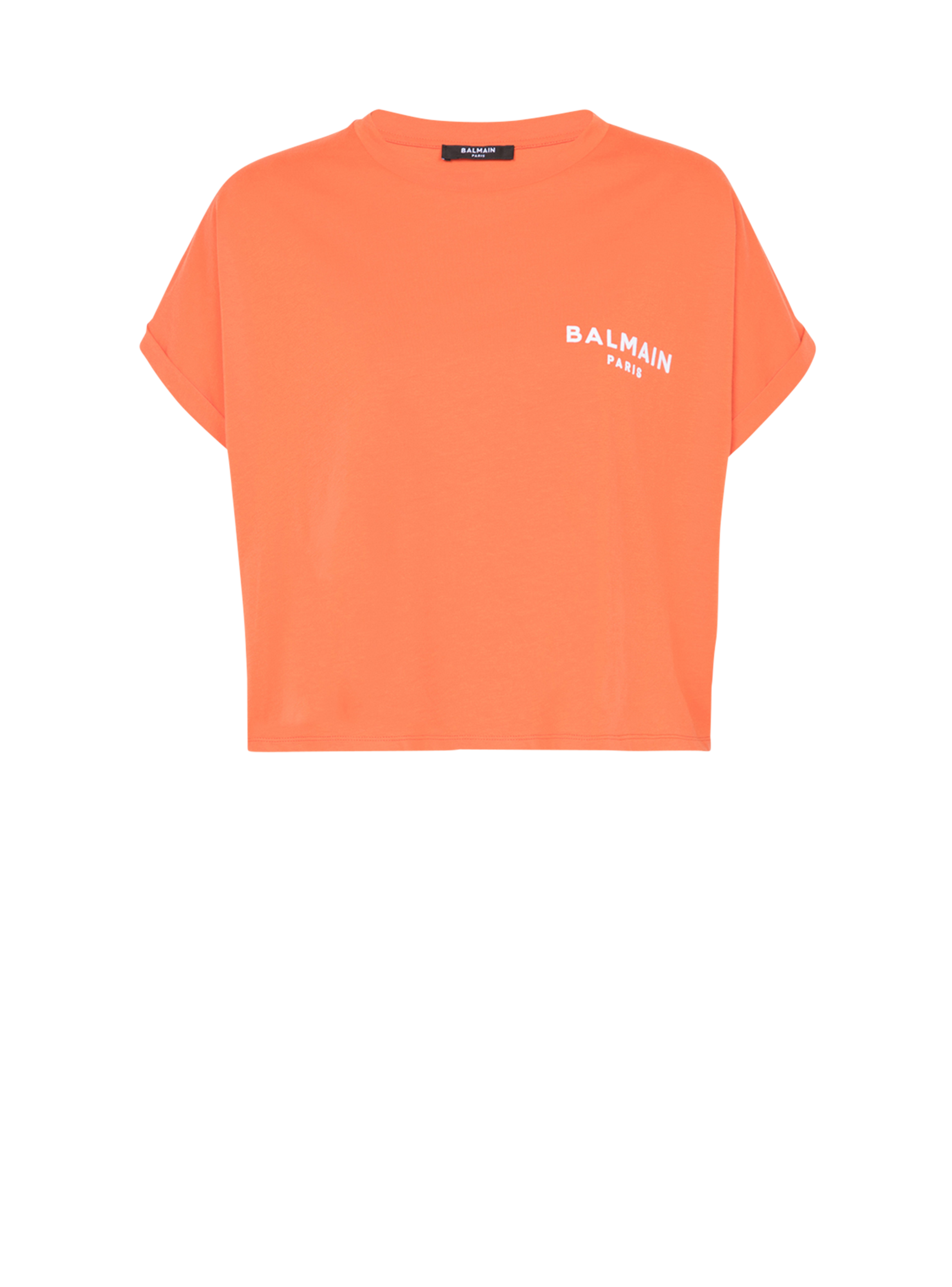 Cropped eco-designed cotton T-shirt with small flocked Balmain logo, orange, hi-res