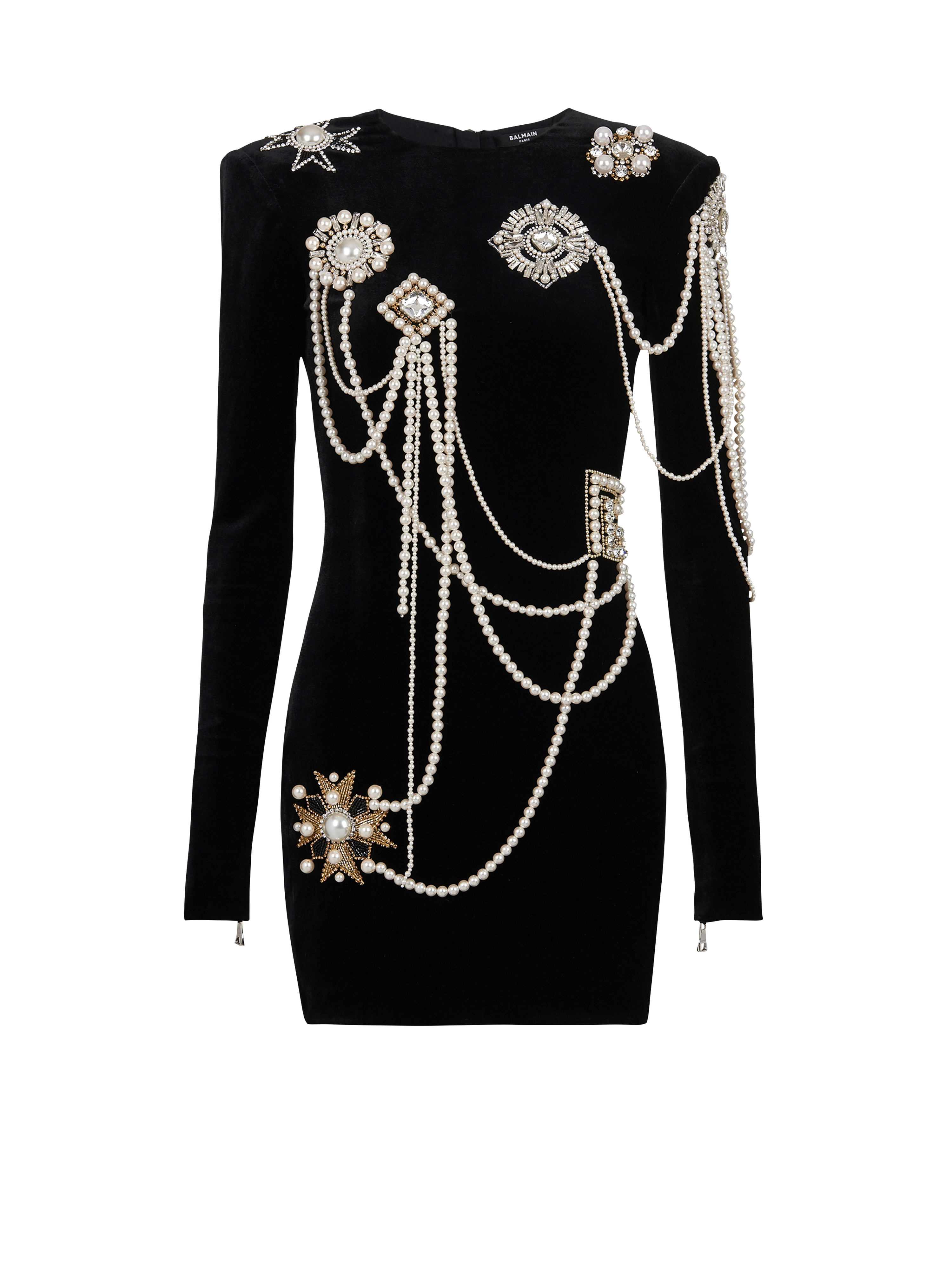 Short velvet dress with embroidery, black, hi-res