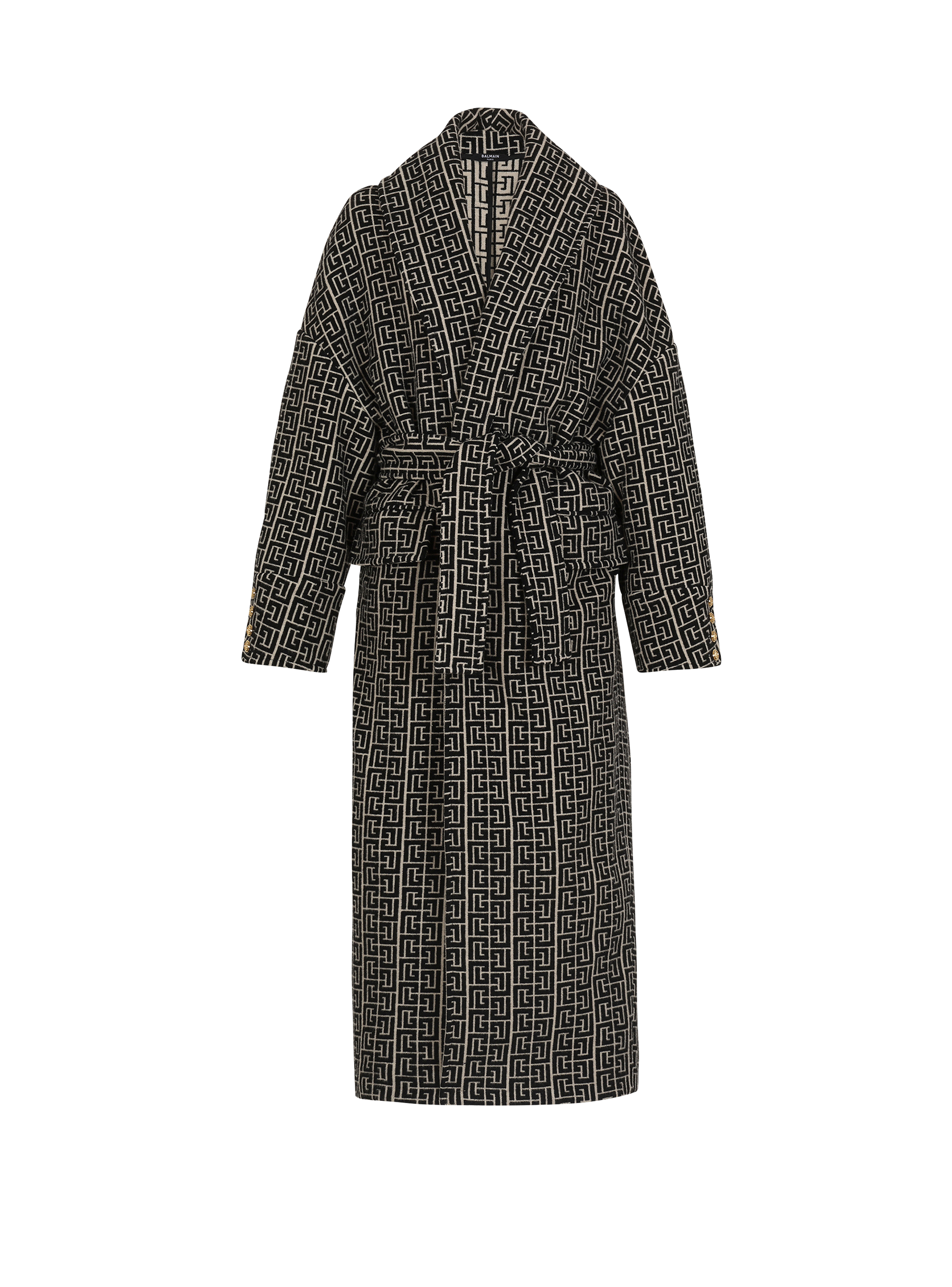 Balmain print monogram wool coat, black, hi-res