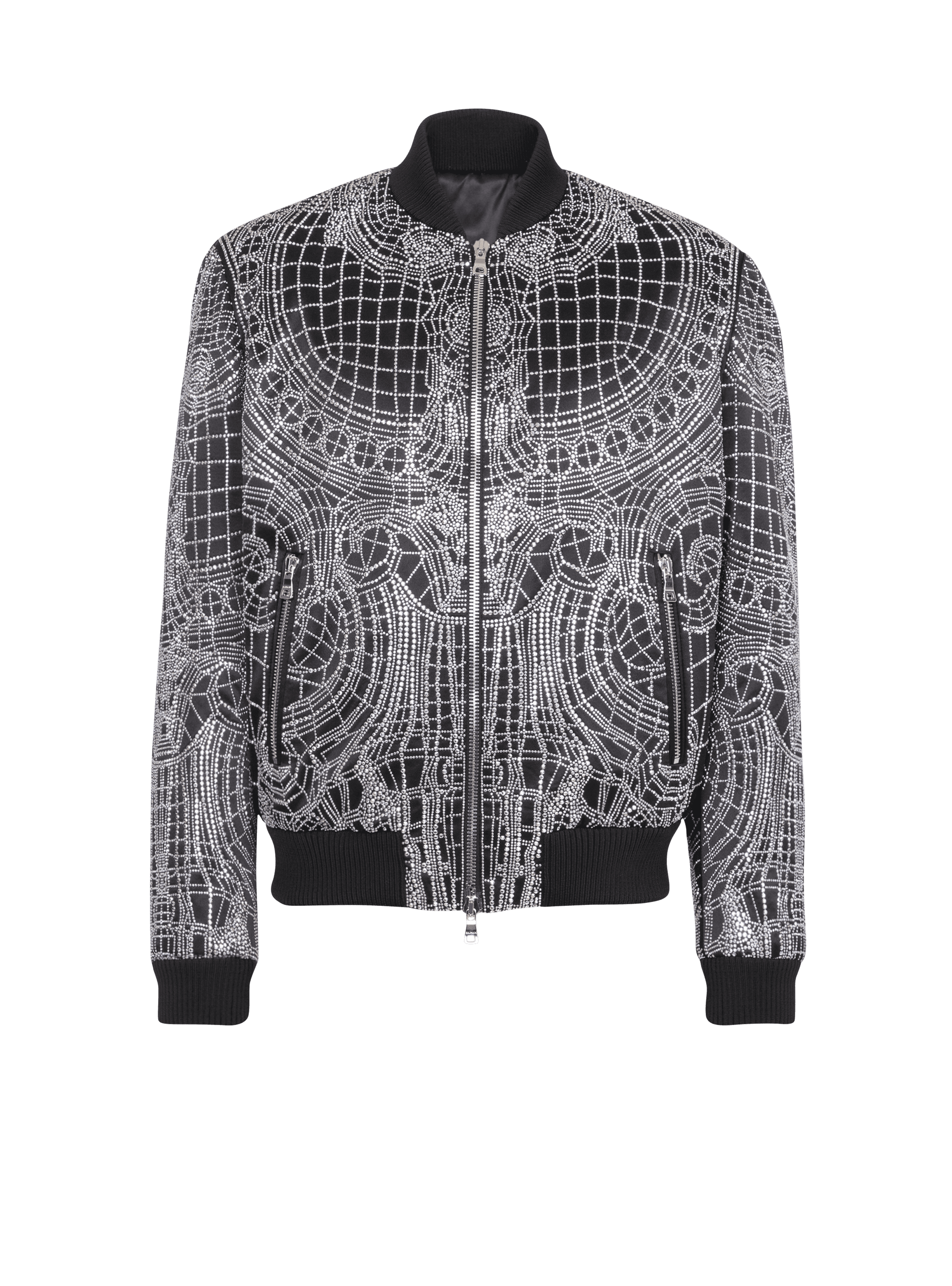 Embroidered silk bomber jacket, silver, hi-res