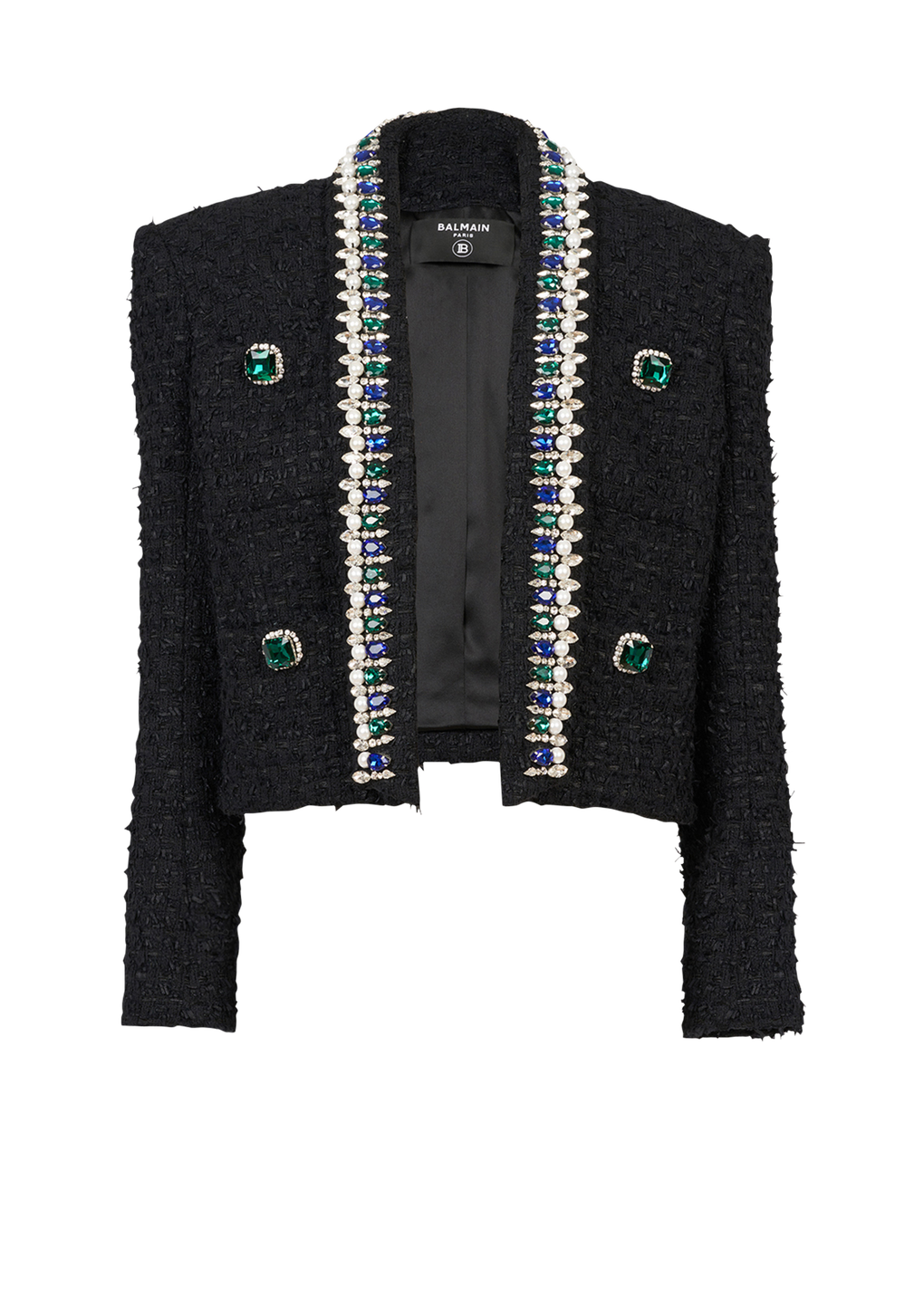 Multicolor tweed spencer jacket with jewel embroideries, black, hi-res