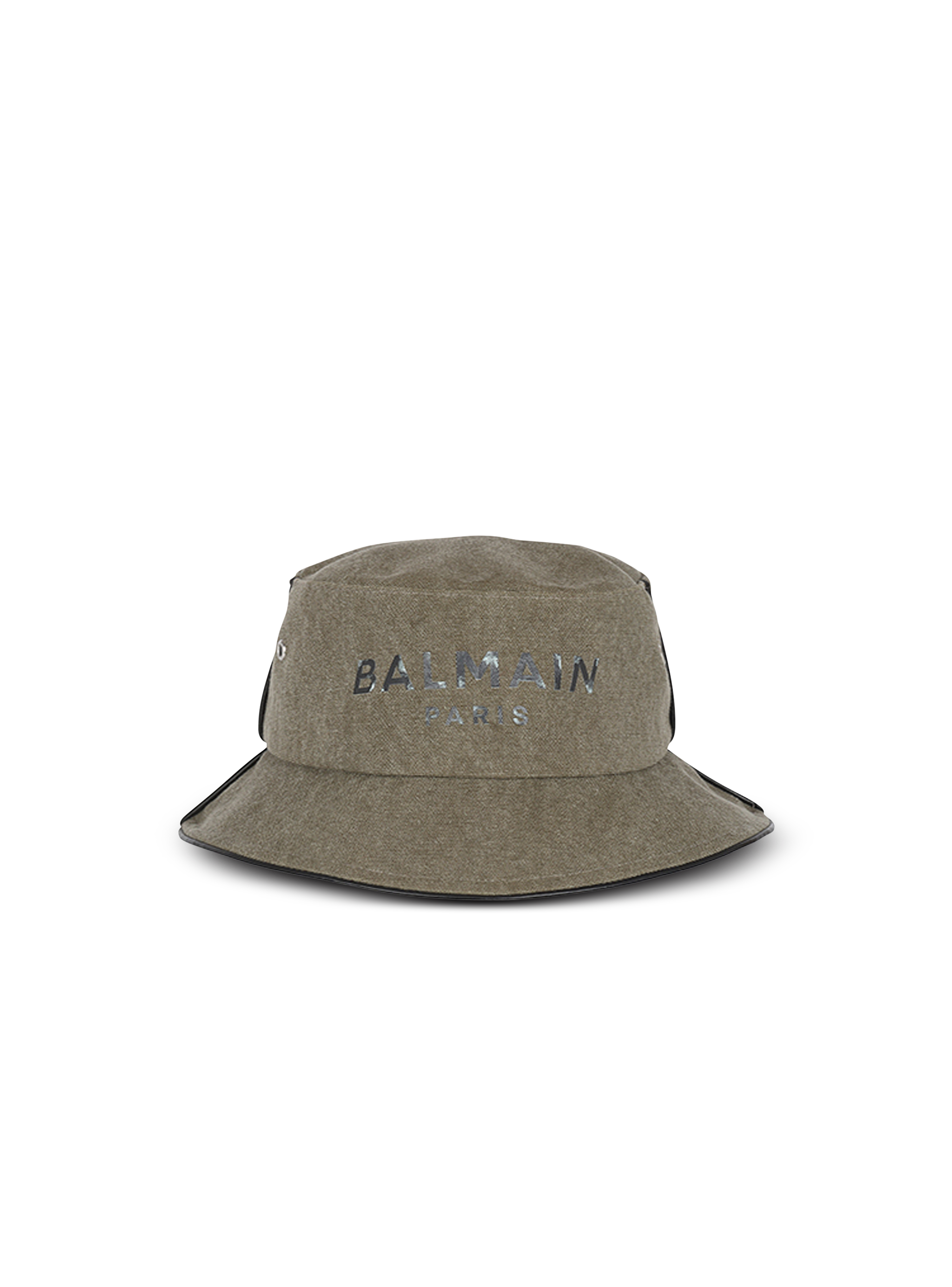 Cotton canvas bucket hat with Balmain Paris logo, khaki, hi-res