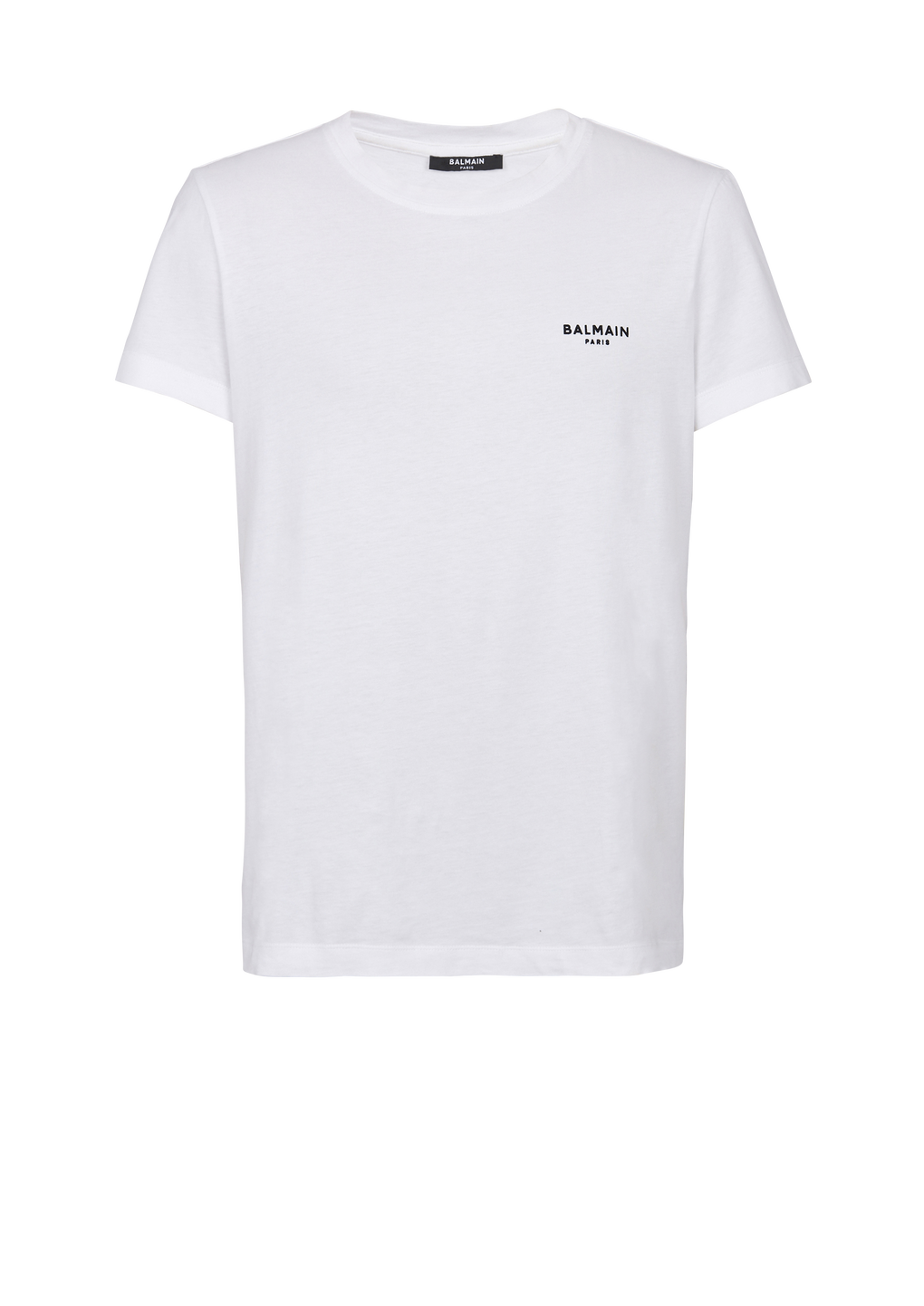 Eco-designed cotton T-shirt with small flocked Balmain Paris logo, white, hi-res