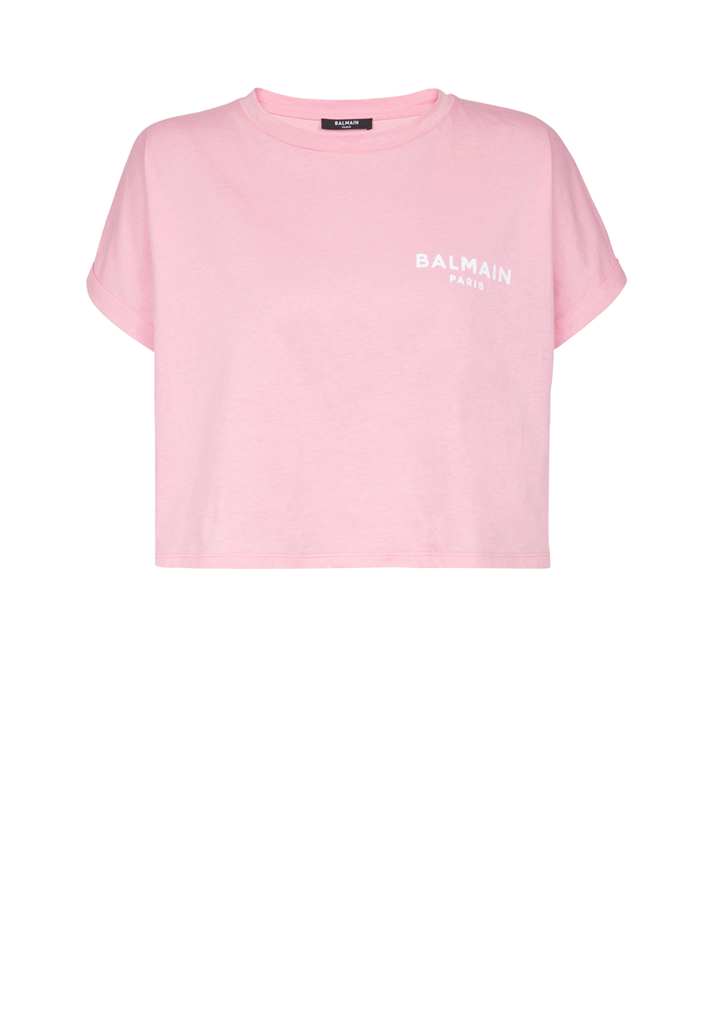 Cropped eco-designed cotton T-shirt with small flocked Balmain logo, pink, hi-res