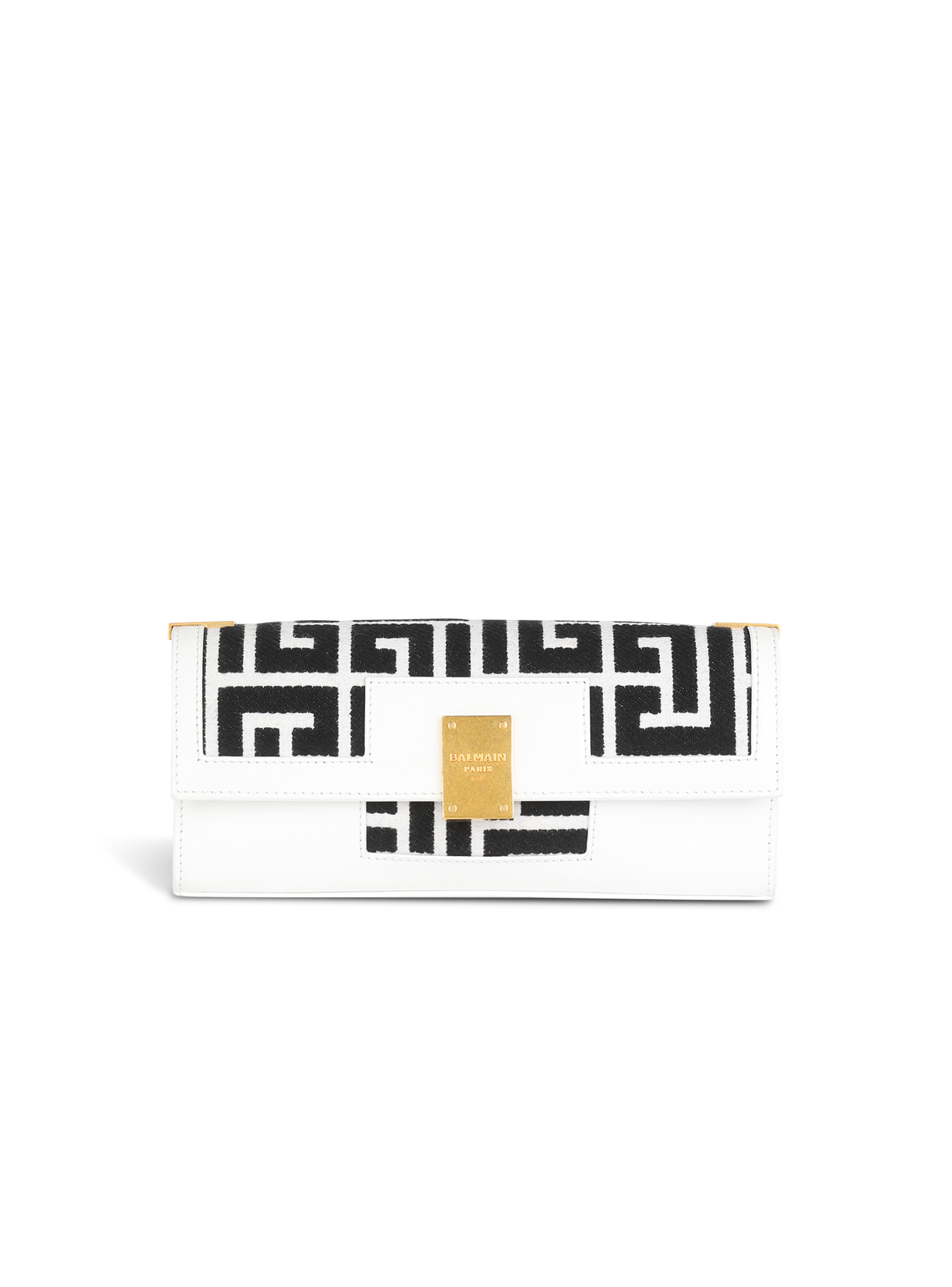 Bicolor jacquard 1945 clutch bag with leather panel, white, hi-res