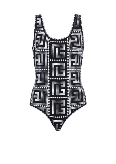 Bicolor eco-designed bodysuit with Balmain monogram mosaic