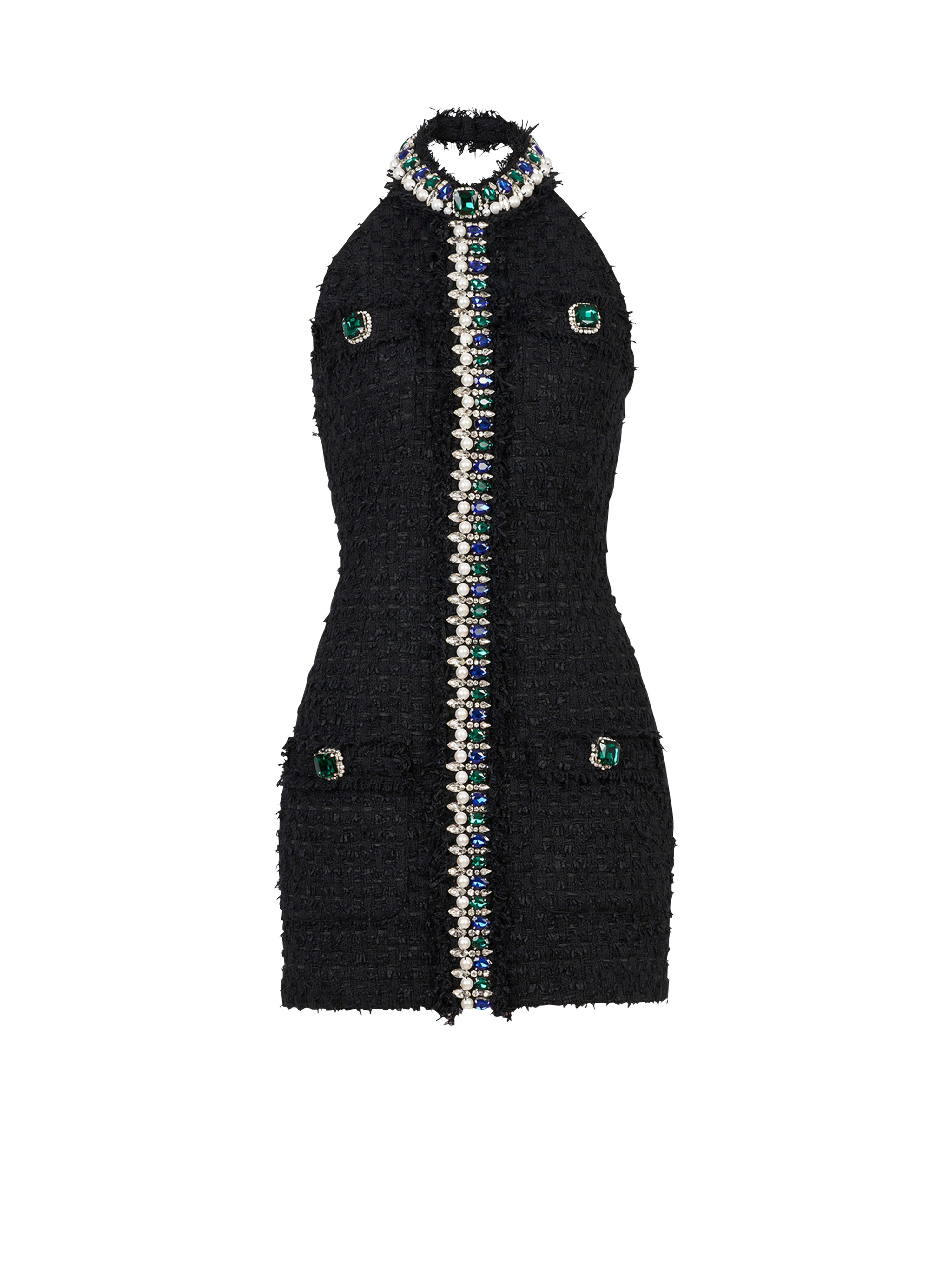 Short tweed dress with multicolor jewel embroidery, black, hi-res