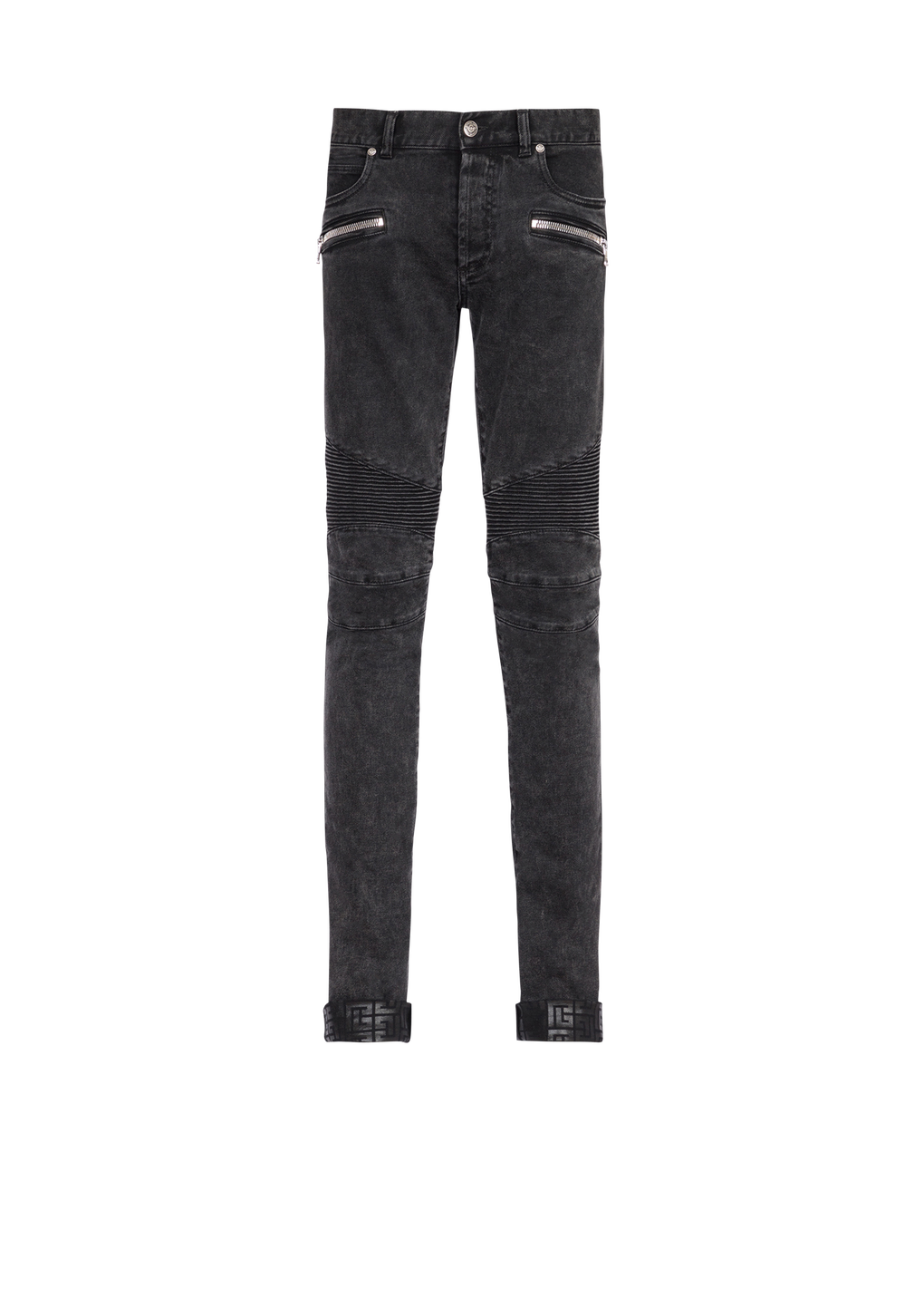 Slim cut ridged cotton jeans with Balmain monogram on hem, black, hi-res