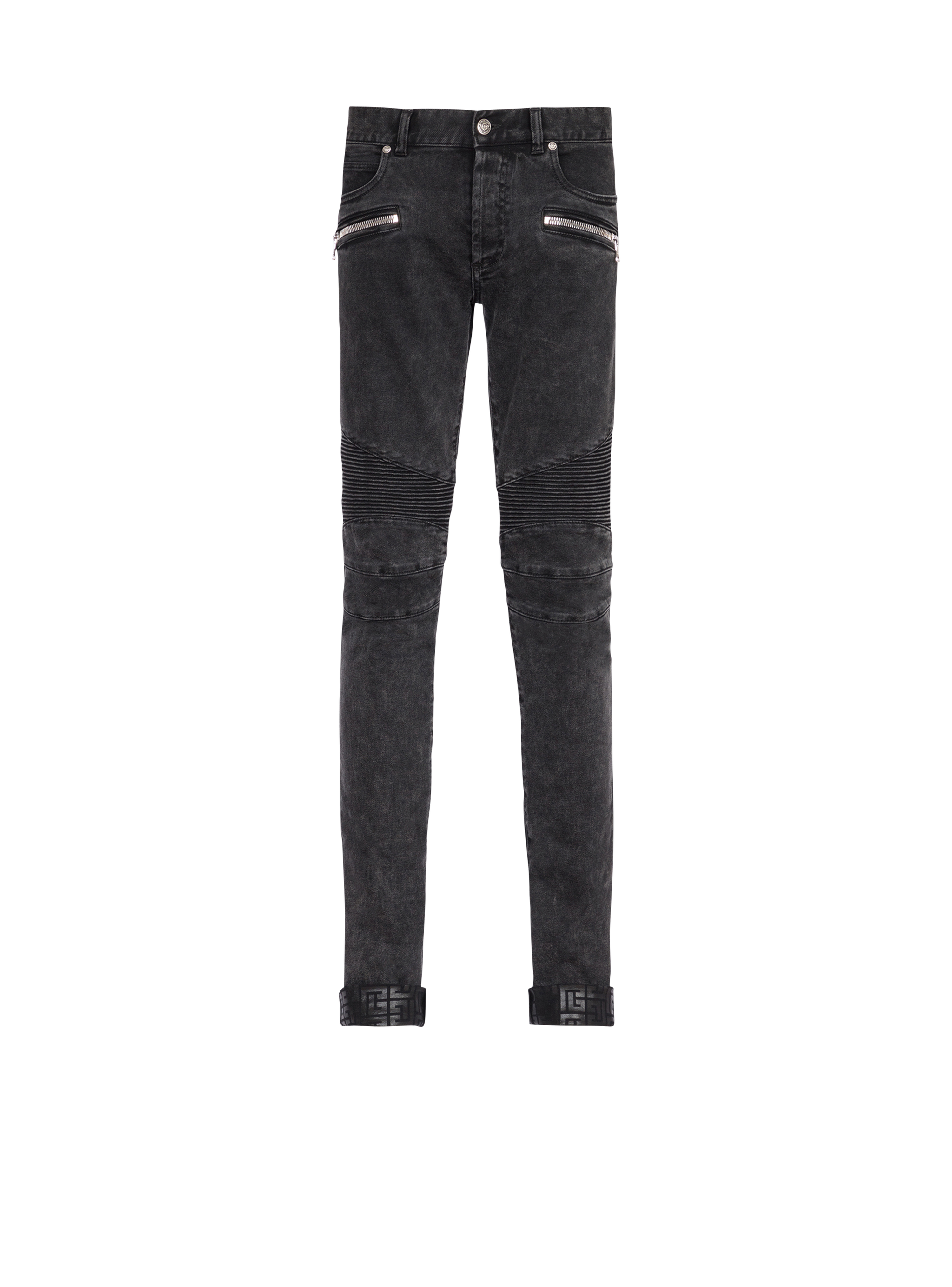 Slim cut ridged cotton jeans with Balmain monogram on hem, black, hi-res