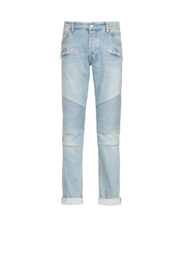 Slim cut ridged eco-designed denim cotton jeans with Balmain monogram on hem