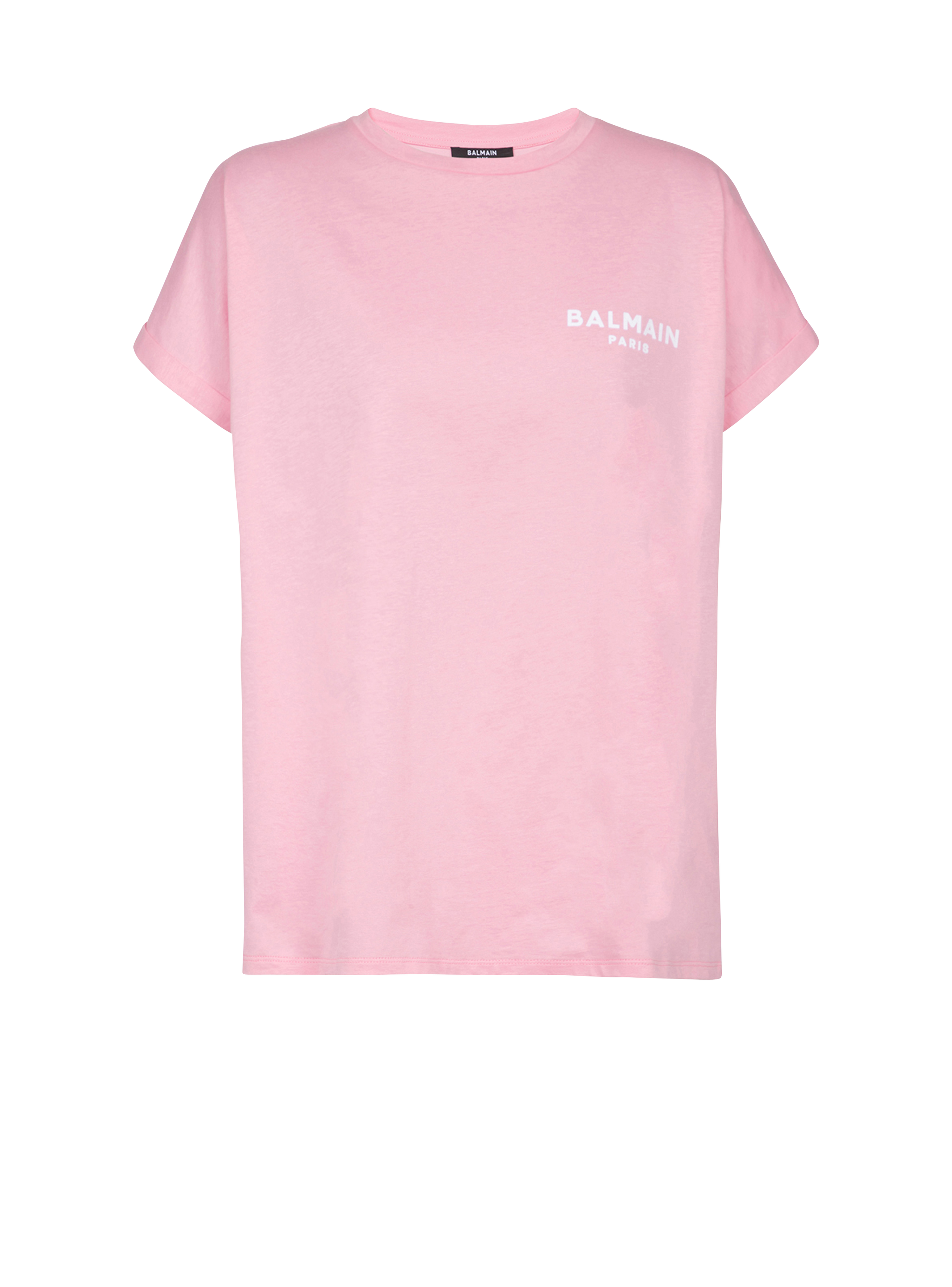 Eco-designed cotton T-shirt with small flocked Balmain logo, pink, hi-res