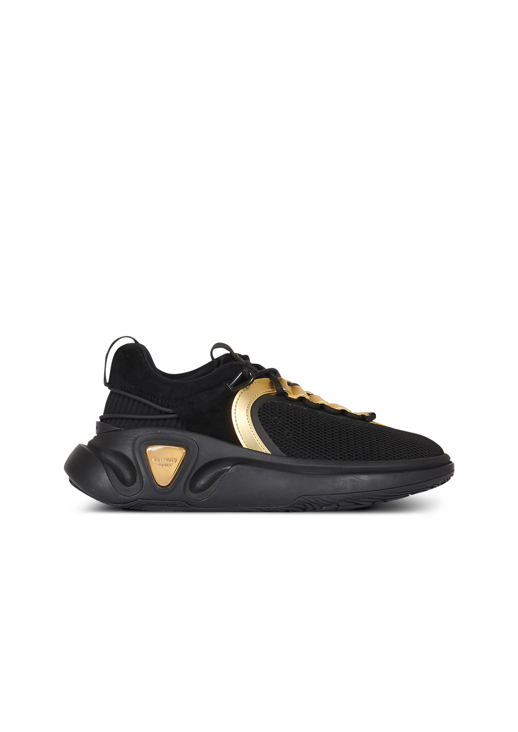 Suede and mesh B-Runner sneakers with gold-tone details, black, hi-res