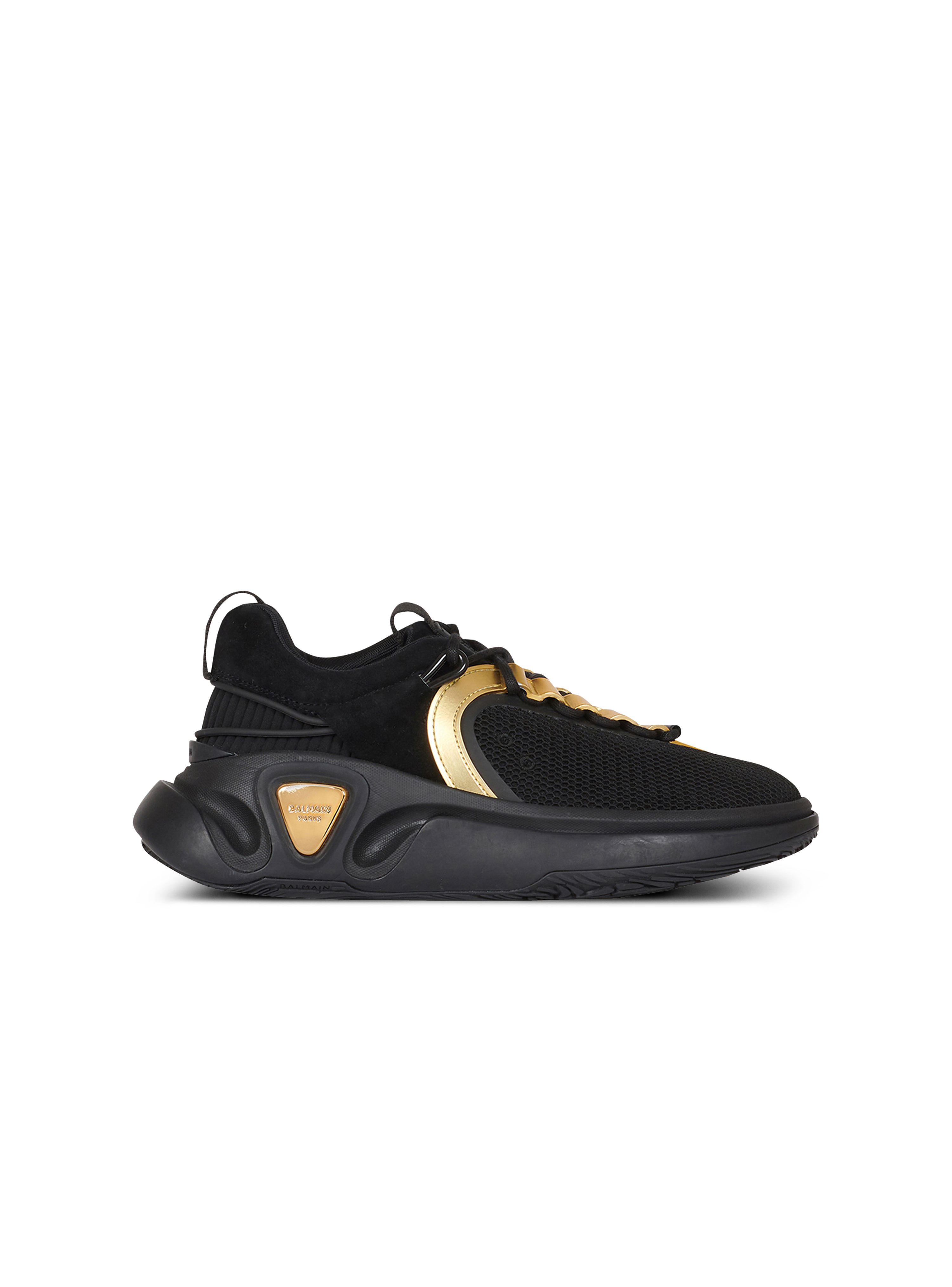 Suede and mesh B-Runner sneakers with gold-tone details, black, hi-res