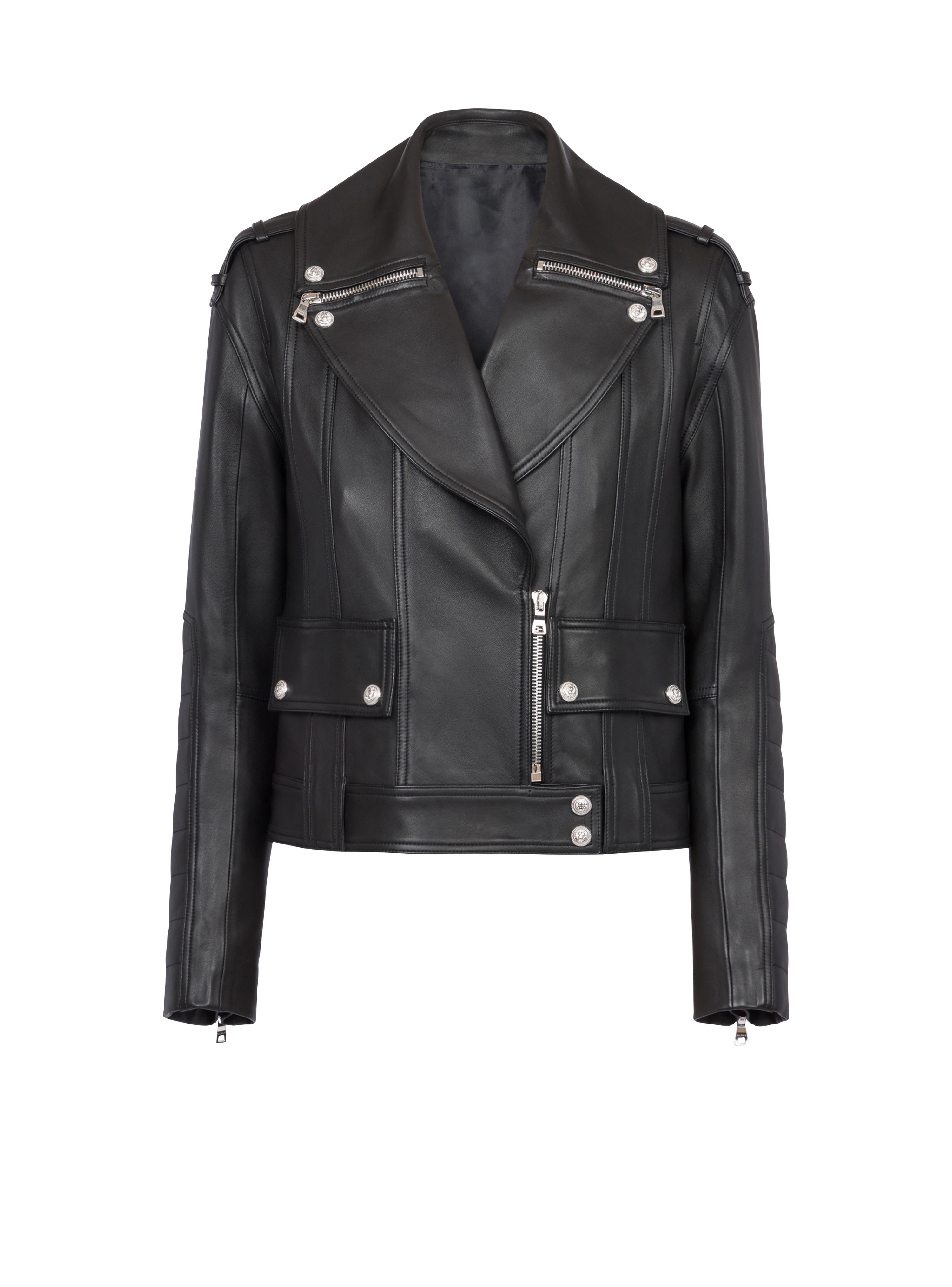 Leather biker jacket  , black, hi-res