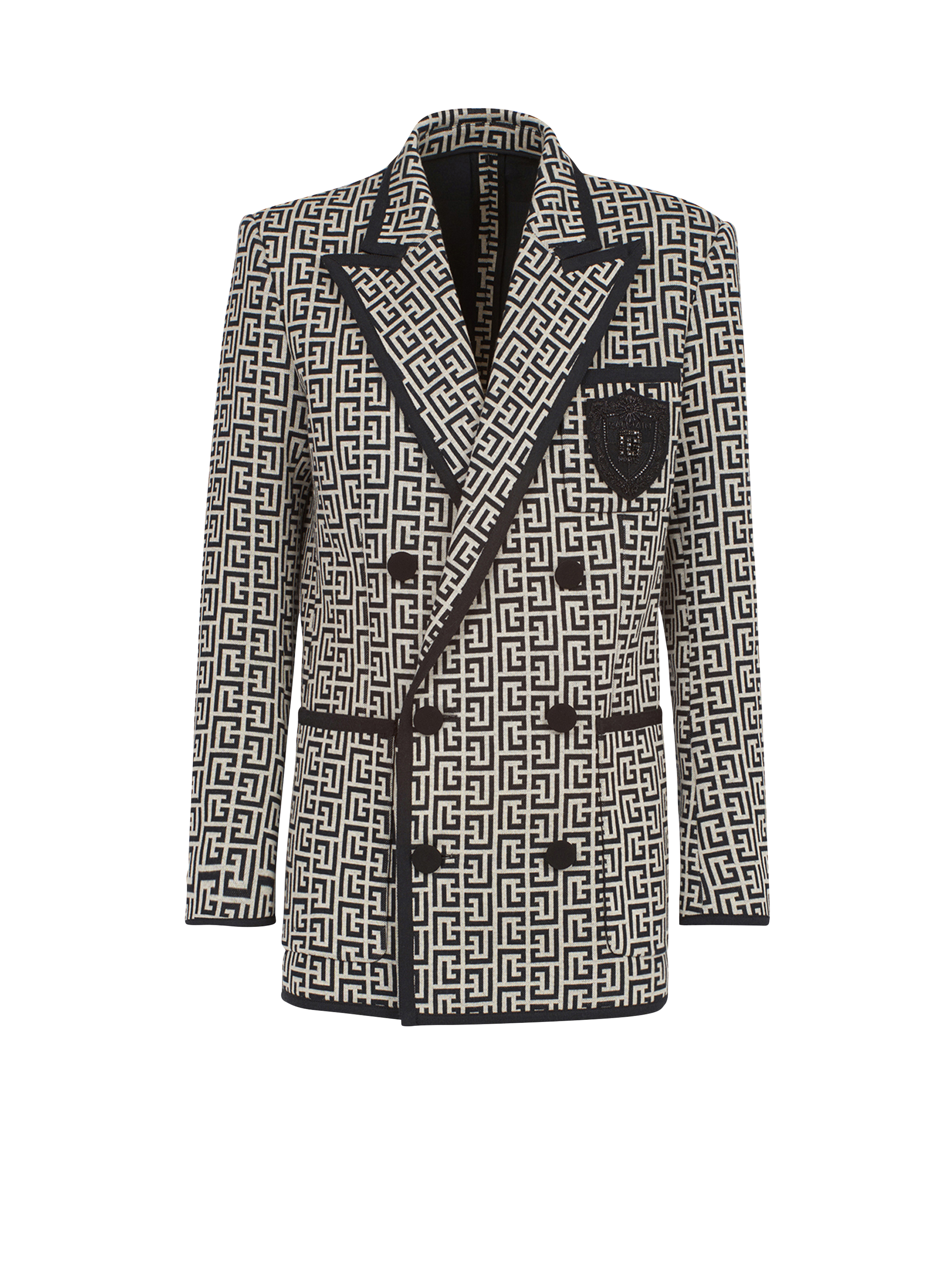 Jersey blazer with Balmain monogram and double-breasted black buttoned fastening, black, hi-res