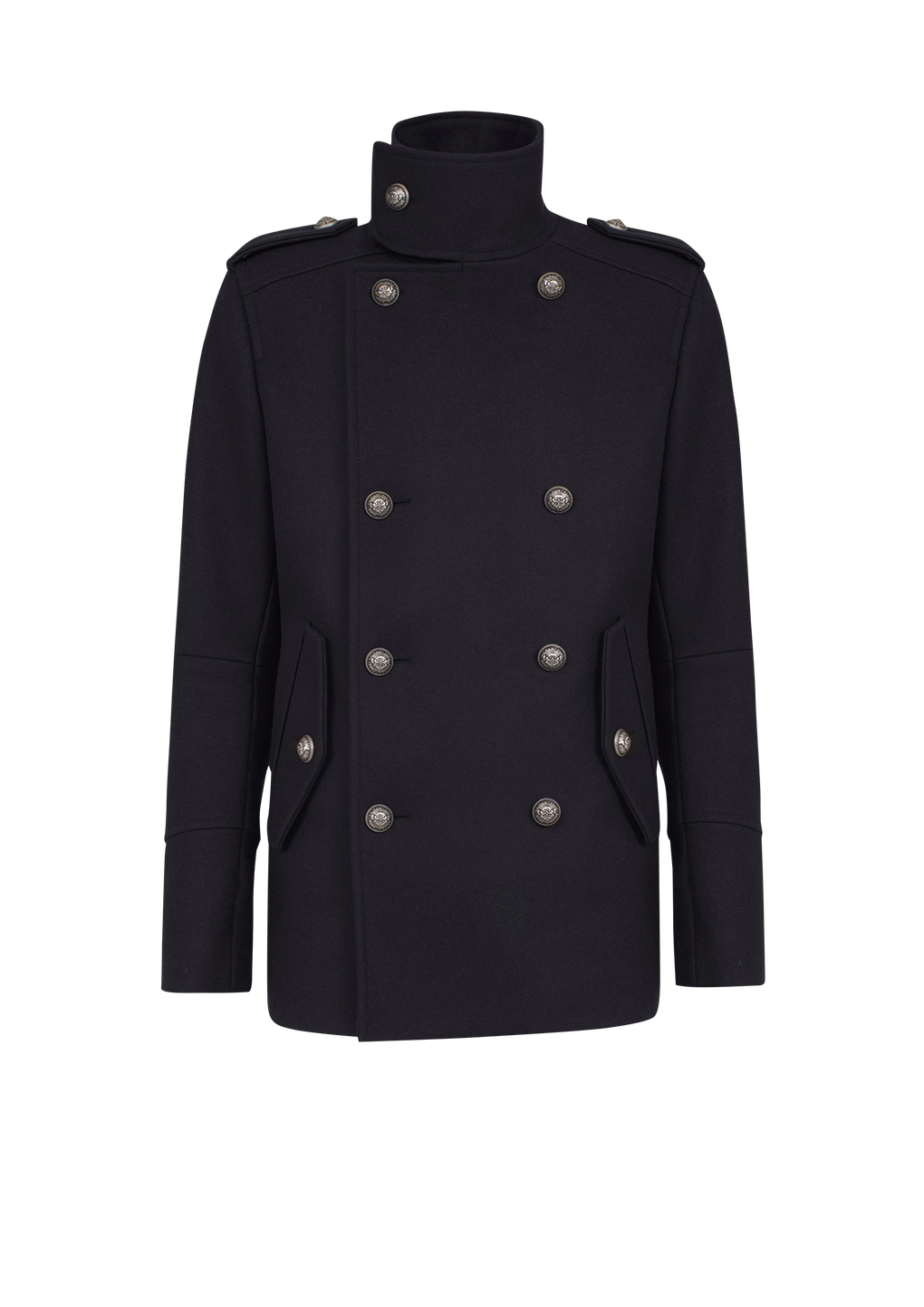Wool military pea coat with double-breasted silver-tone buttoned fastening , black, hi-res