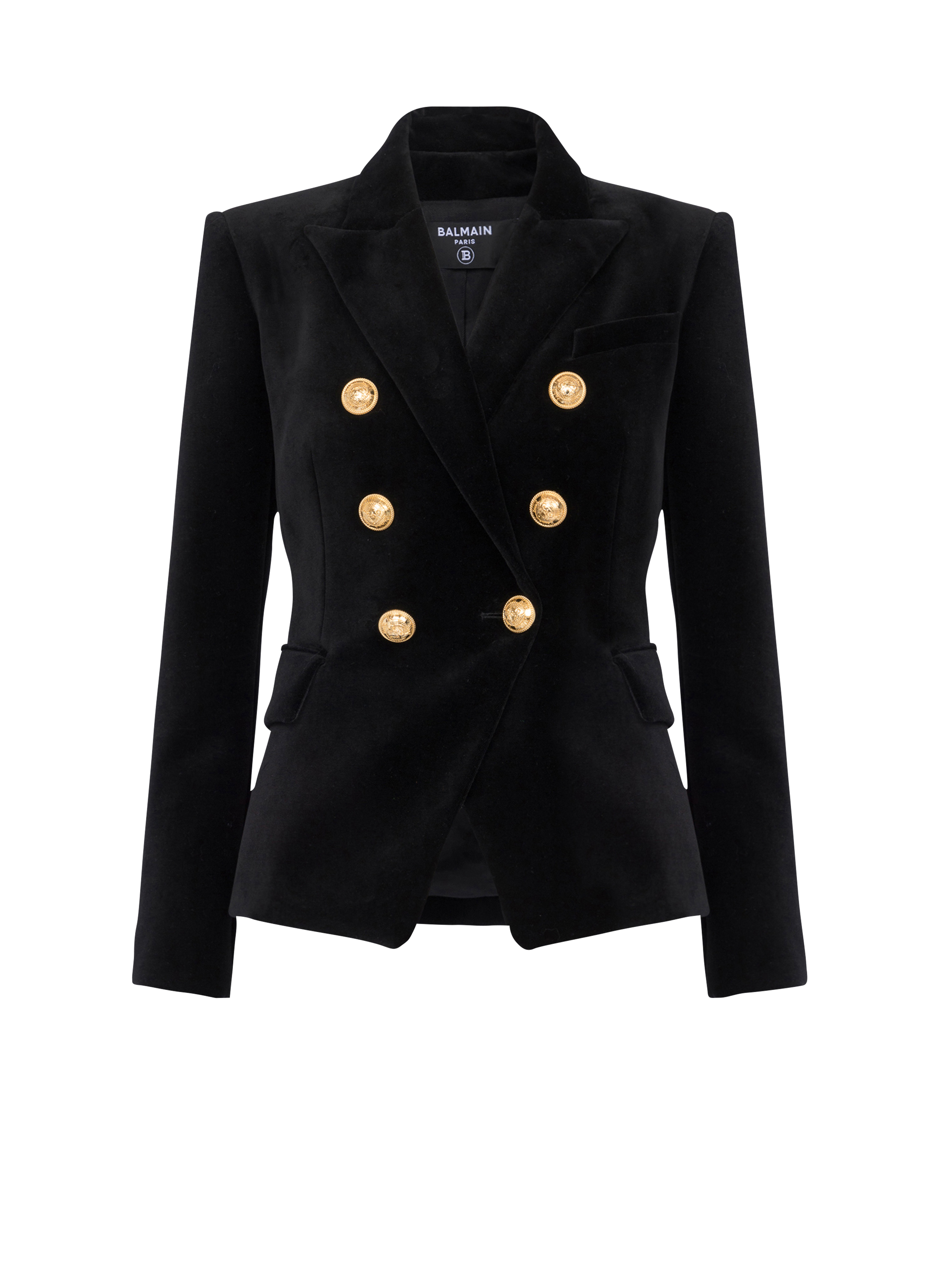 Velvet jacket with double-buttoned fastening, black, hi-res