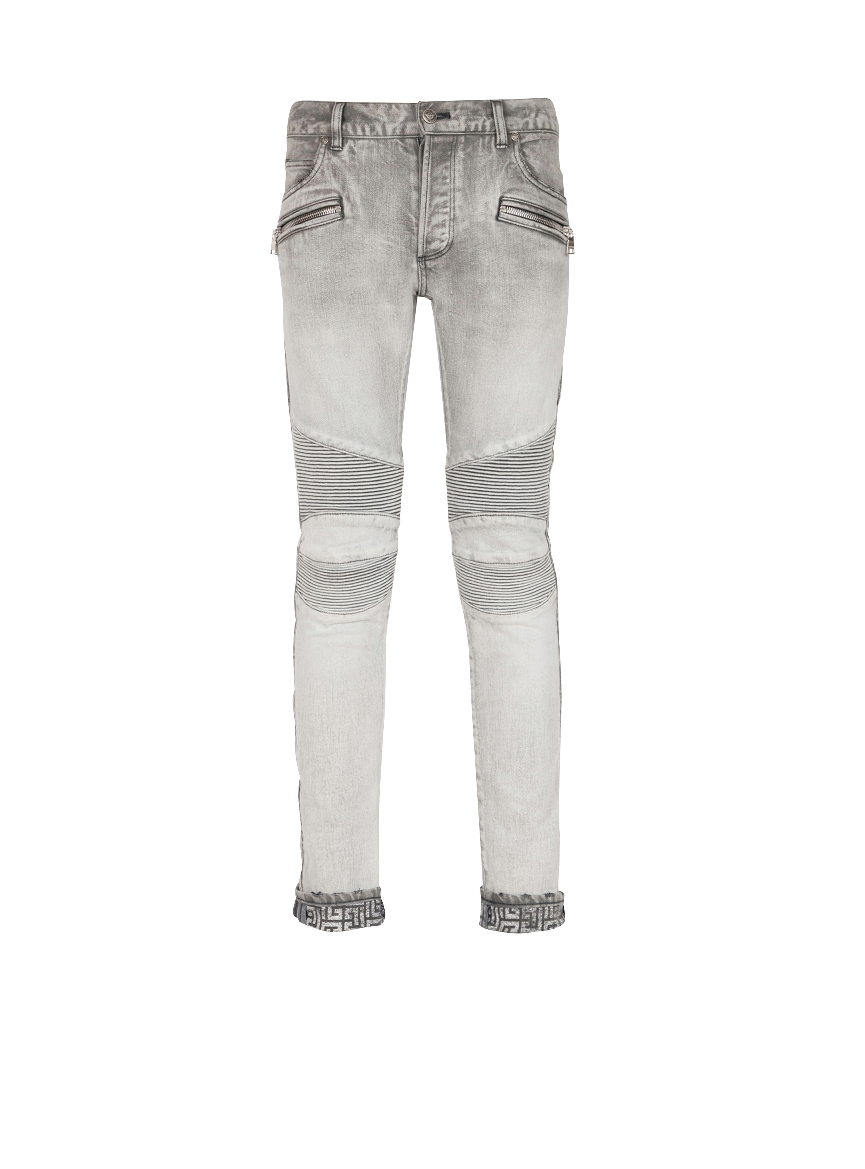 Slim cut faded and ridged light gray cotton jeans with Balmain monogram on hem, grey, hi-res