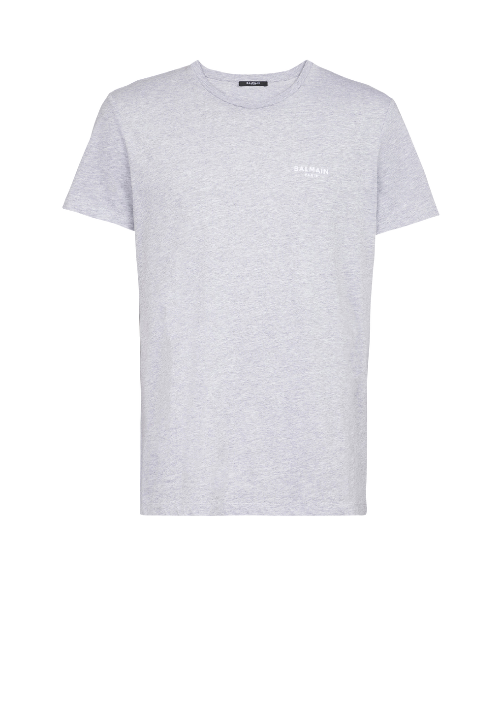 Eco-designed cotton T-shirt with small flocked Balmain Paris logo, grey, hi-res
