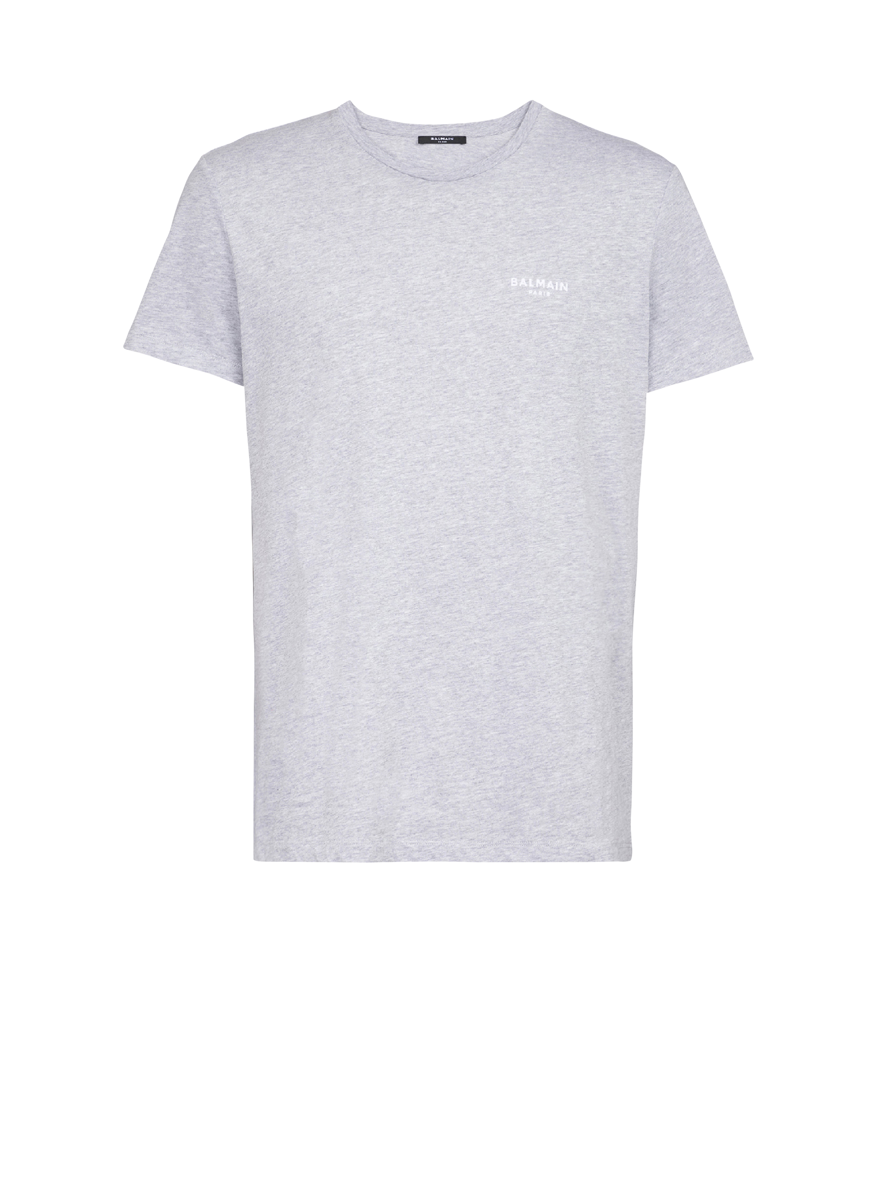 Eco-designed cotton T-shirt with small flocked Balmain Paris logo, grey, hi-res