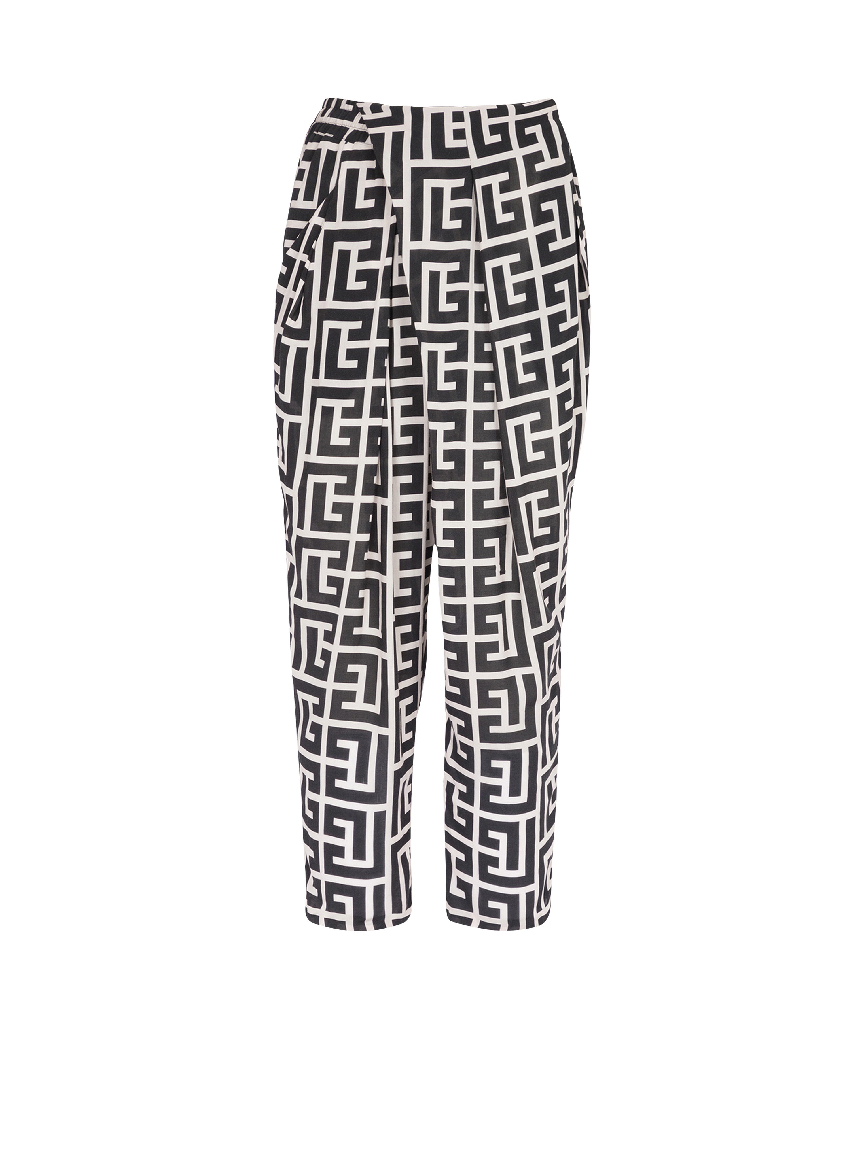 Eco-designed draped pants with Balmain print monogram , black, hi-res