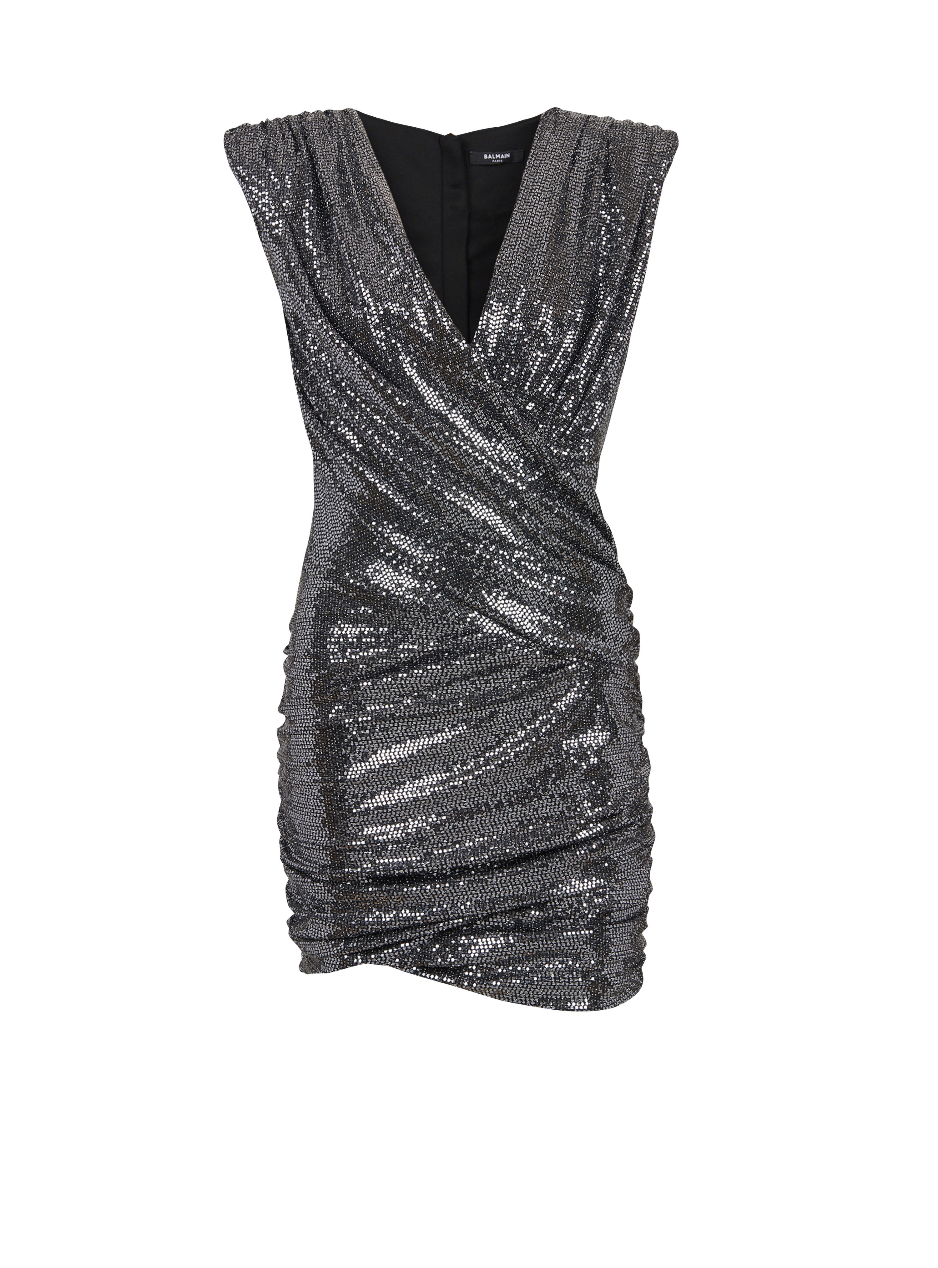 Short draped jersey dress with sequins, silver, hi-res