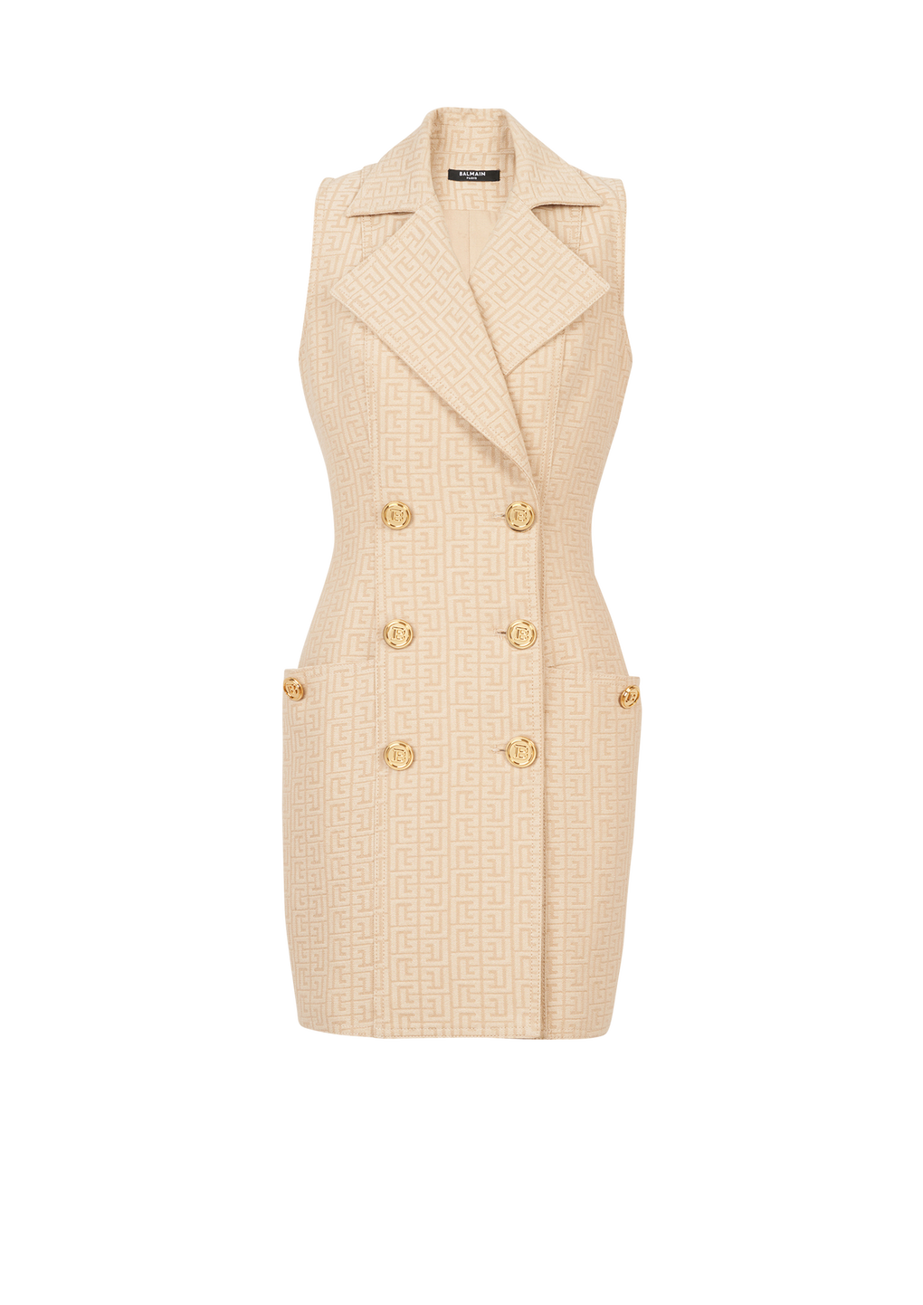 Short Balmain monogram jacquard dress with gold-tone double-buttoned fastening, beige, hi-res