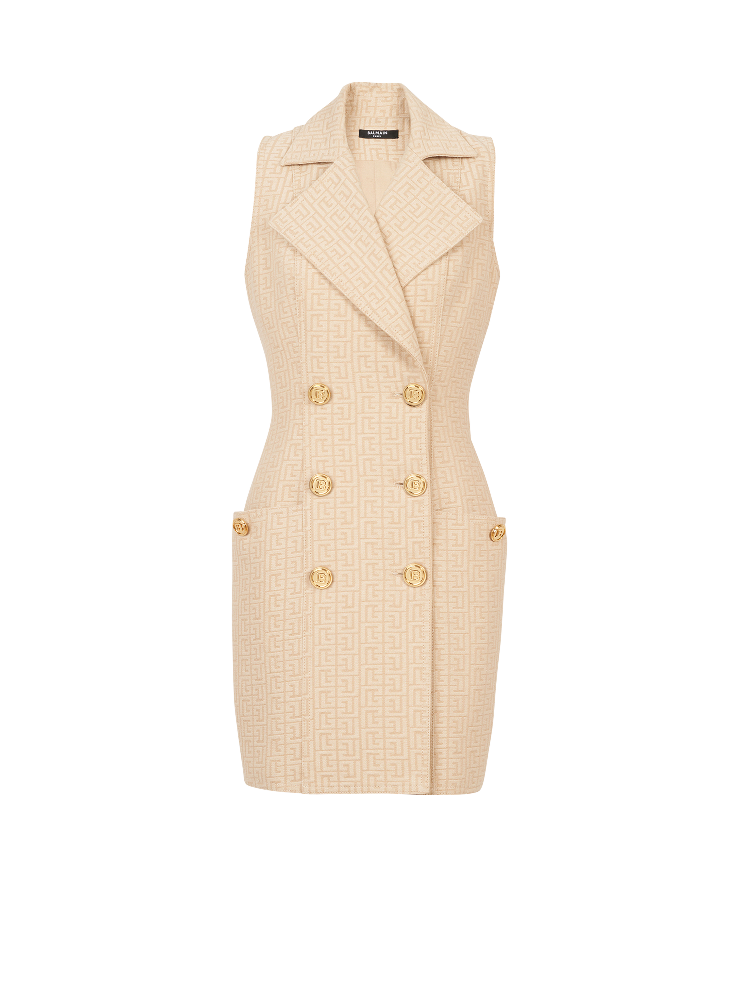Short Balmain monogram jacquard dress with gold-tone double-buttoned fastening, beige