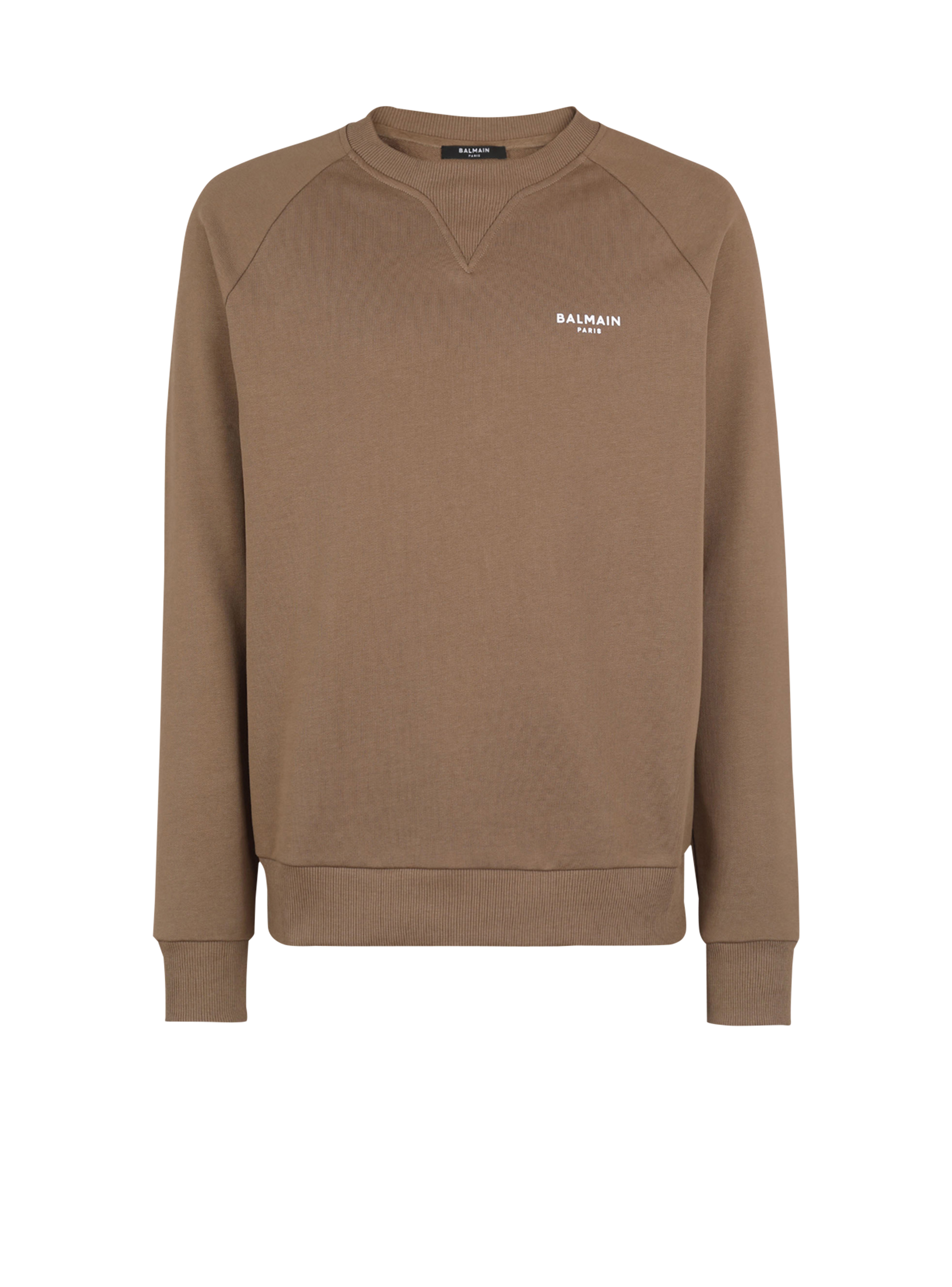 Eco-designed cotton sweatshirt with small flocked Balmain Paris logo, brown, hi-res